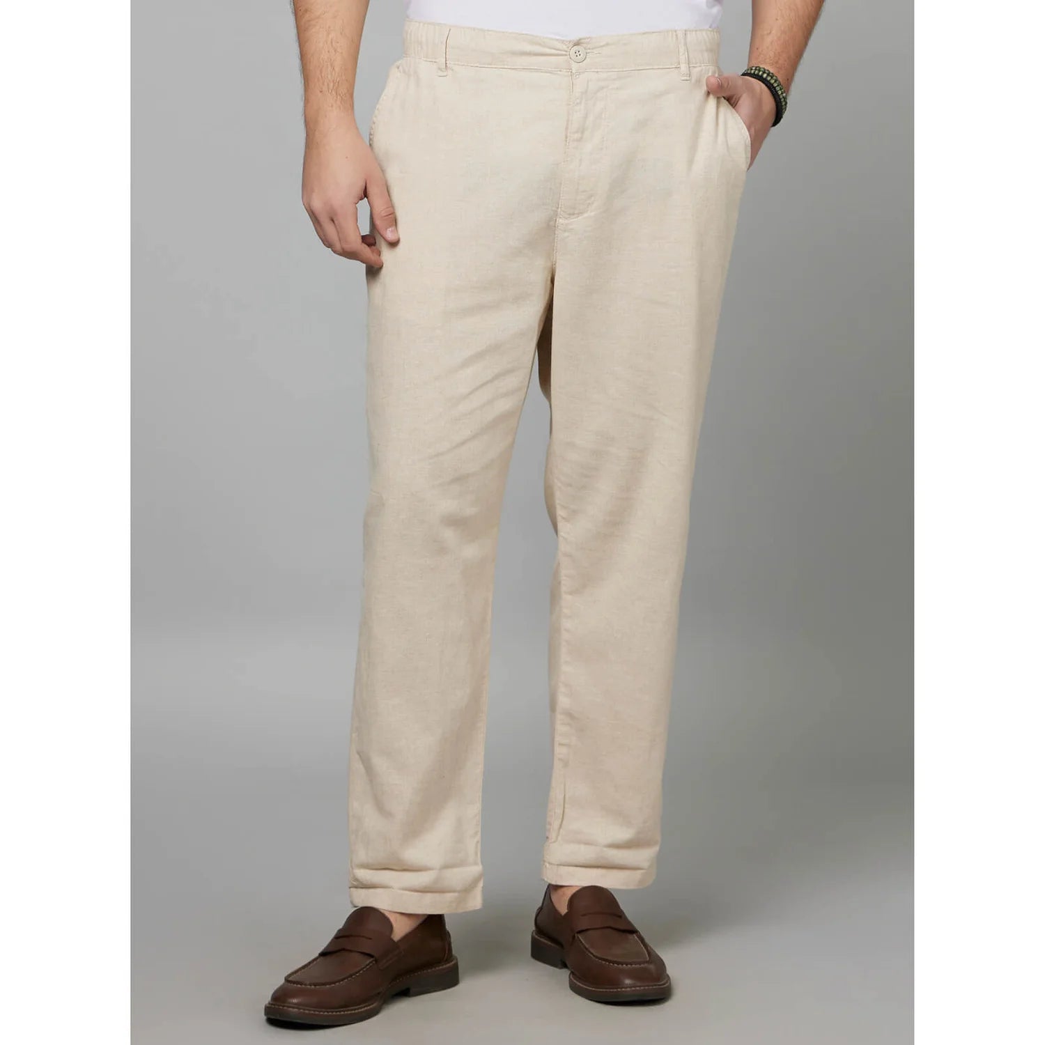 Beige Straight Fit Linen Pants