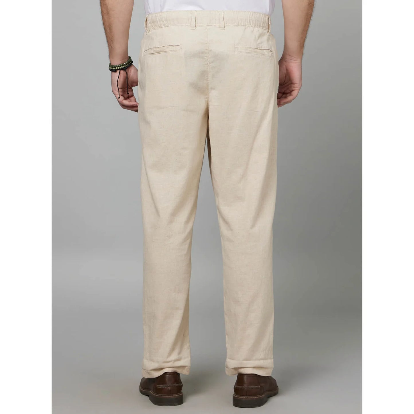 Beige Straight Fit Linen Pants