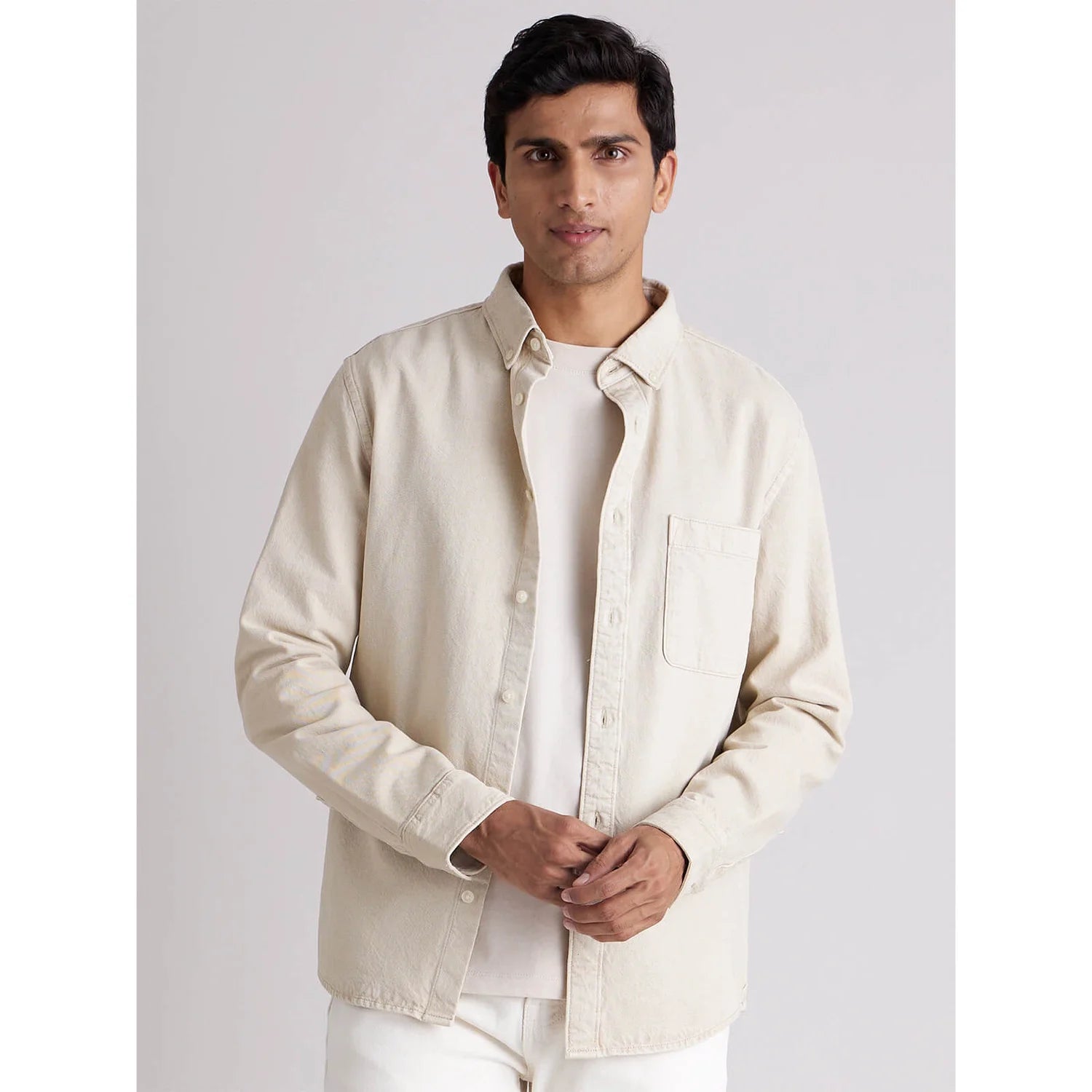 Beige Solid Cotton Shirt