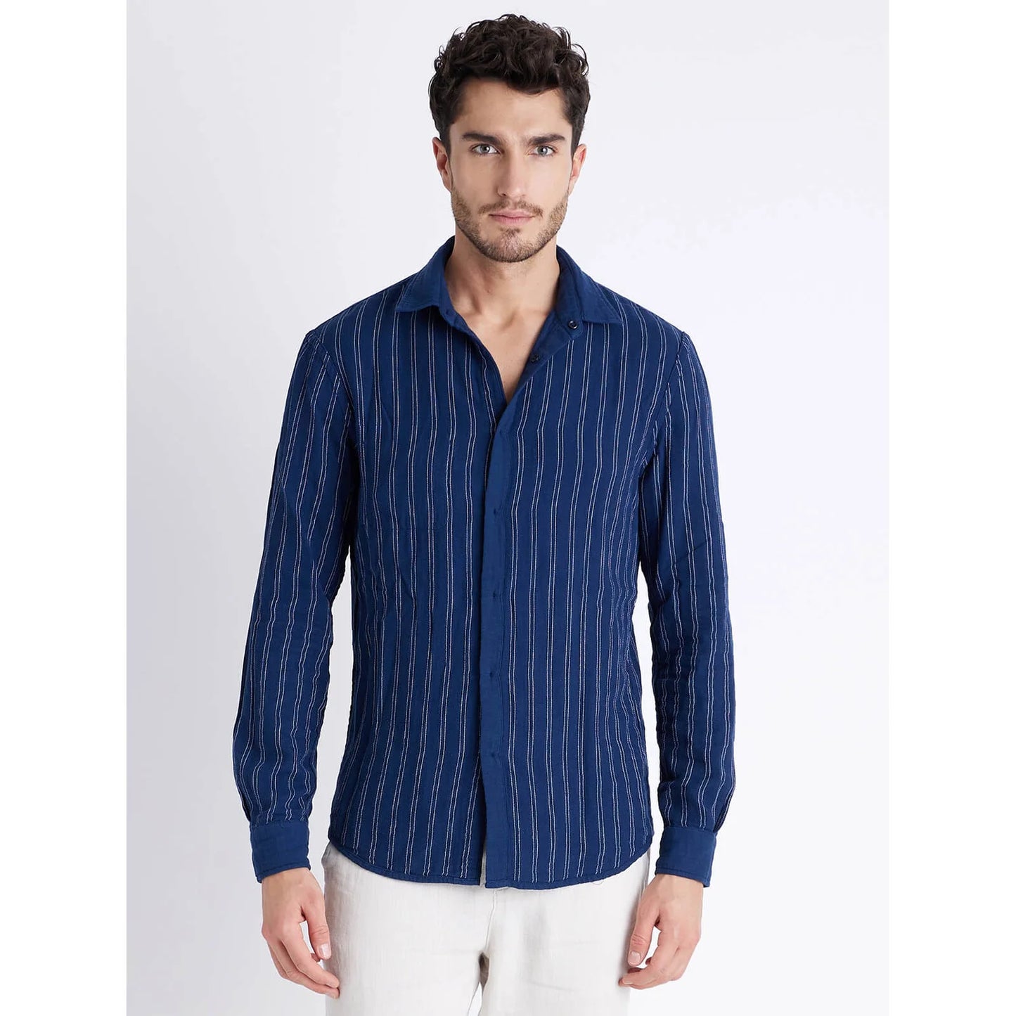 Navy Blue Striped Cotton Shirt