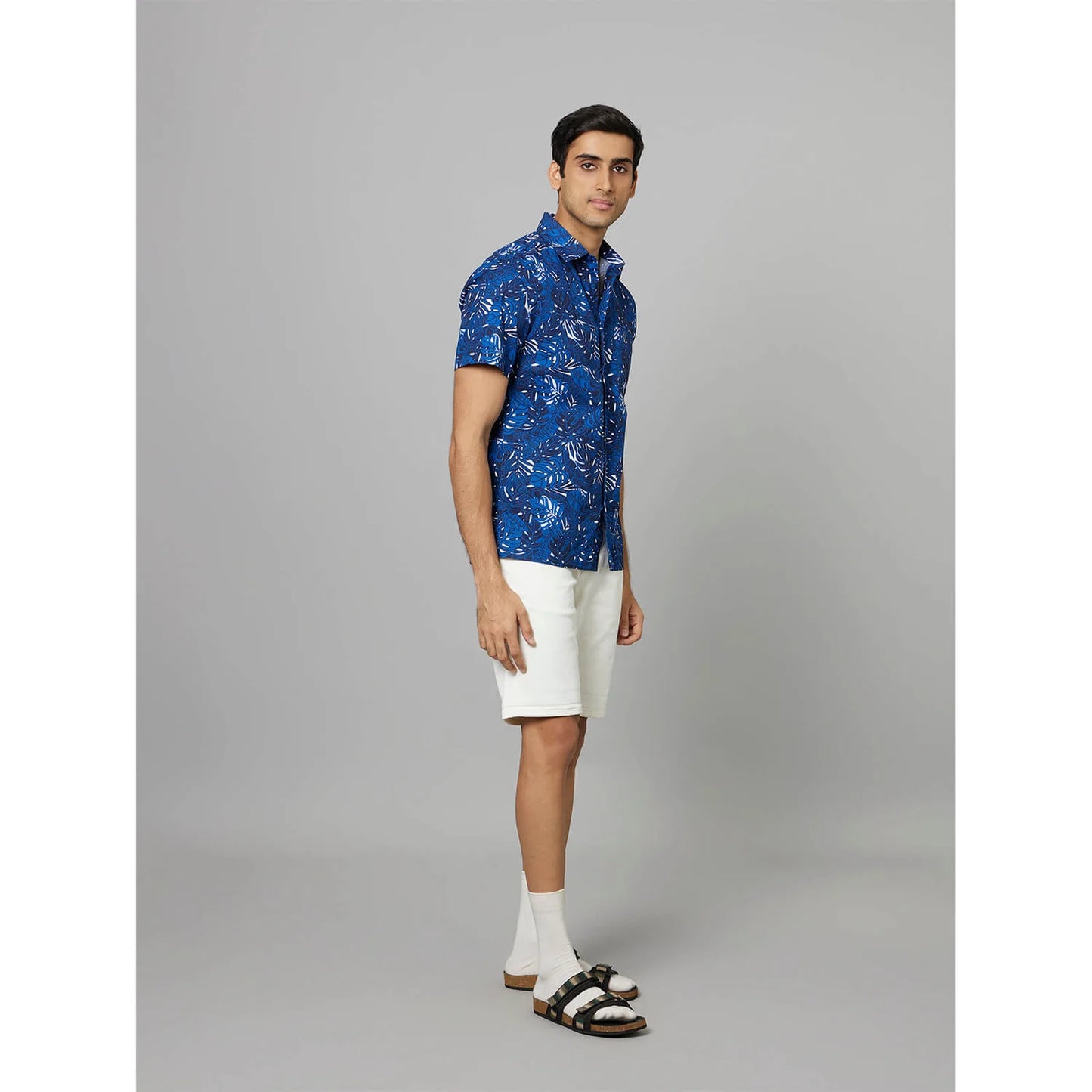 Navy Blue Tropical Printed Cotton Shirt