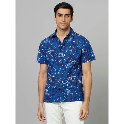 Navy Blue Tropical Printed Cotton Shirt