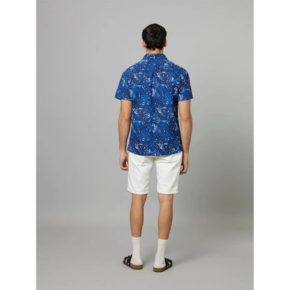 Navy Blue Tropical Printed Cotton Shirt