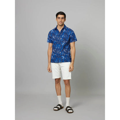 Navy Blue Tropical Printed Cotton Shirt