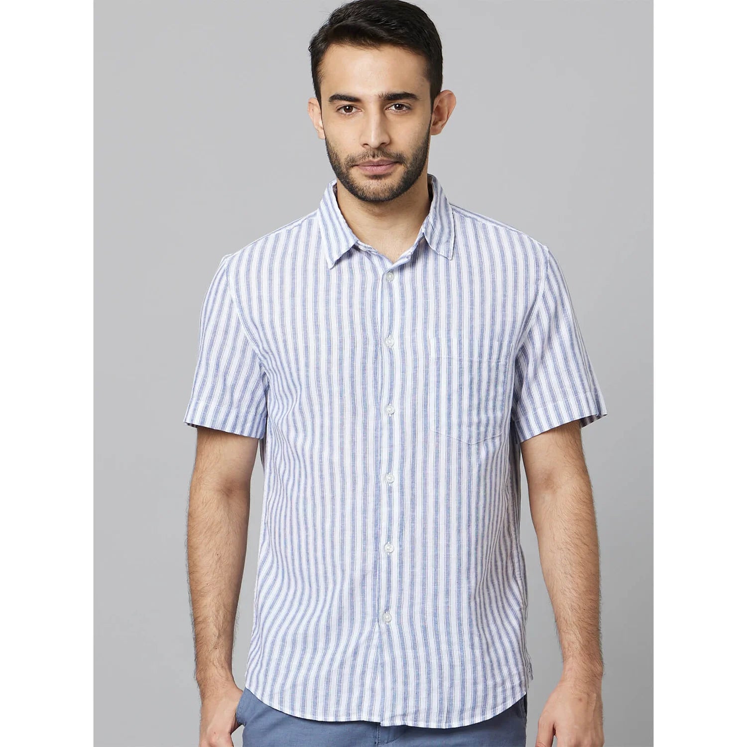 Blue Striped Linen-Blend Shirt