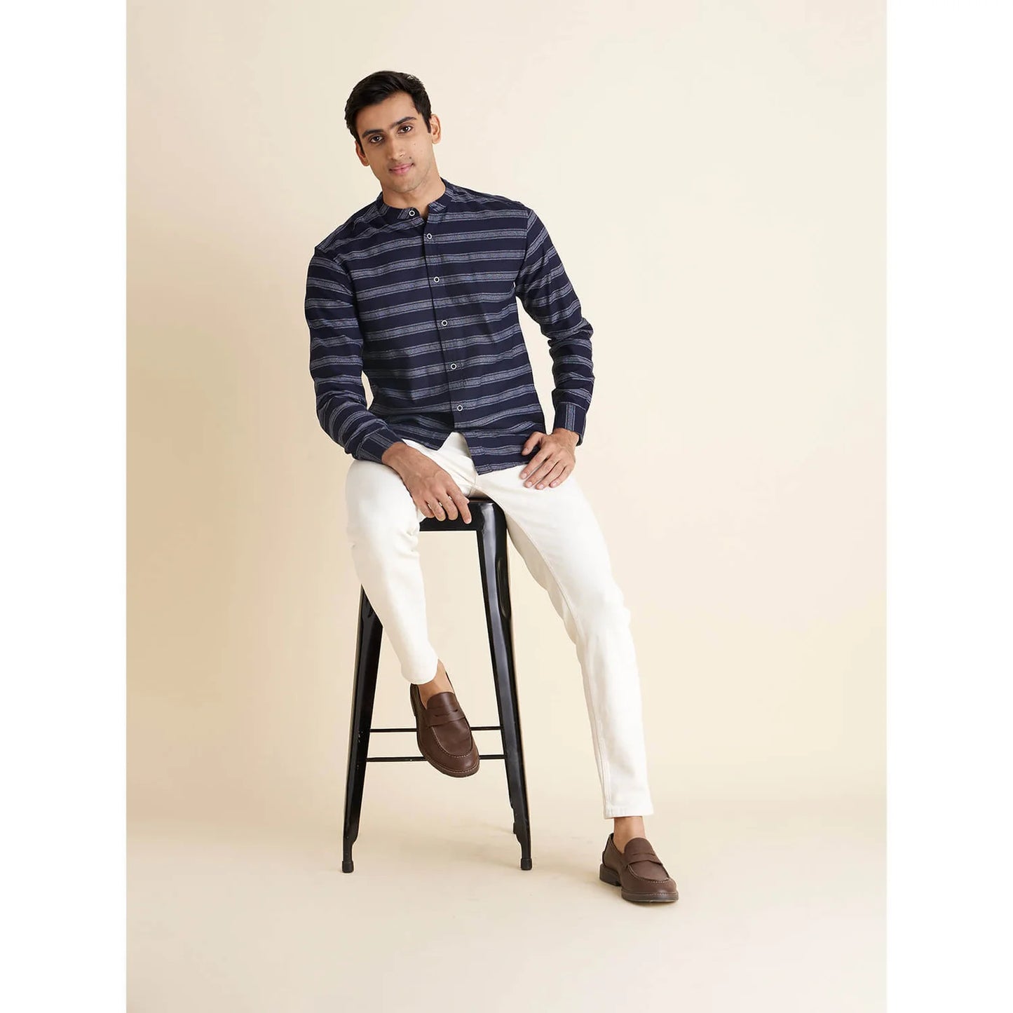 Navy Blue Striped Cotton Blend Shirt