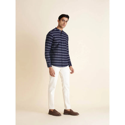 Navy Blue Striped Cotton Blend Shirt