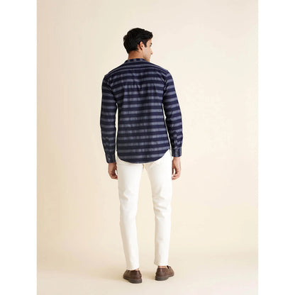 Navy Blue Striped Cotton Blend Shirt