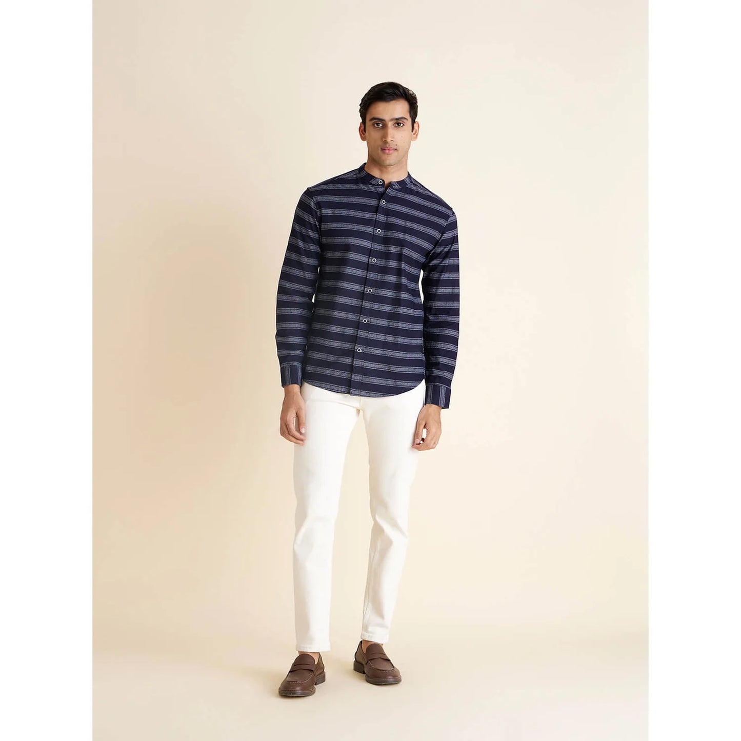 Navy Blue Striped Cotton Blend Shirt