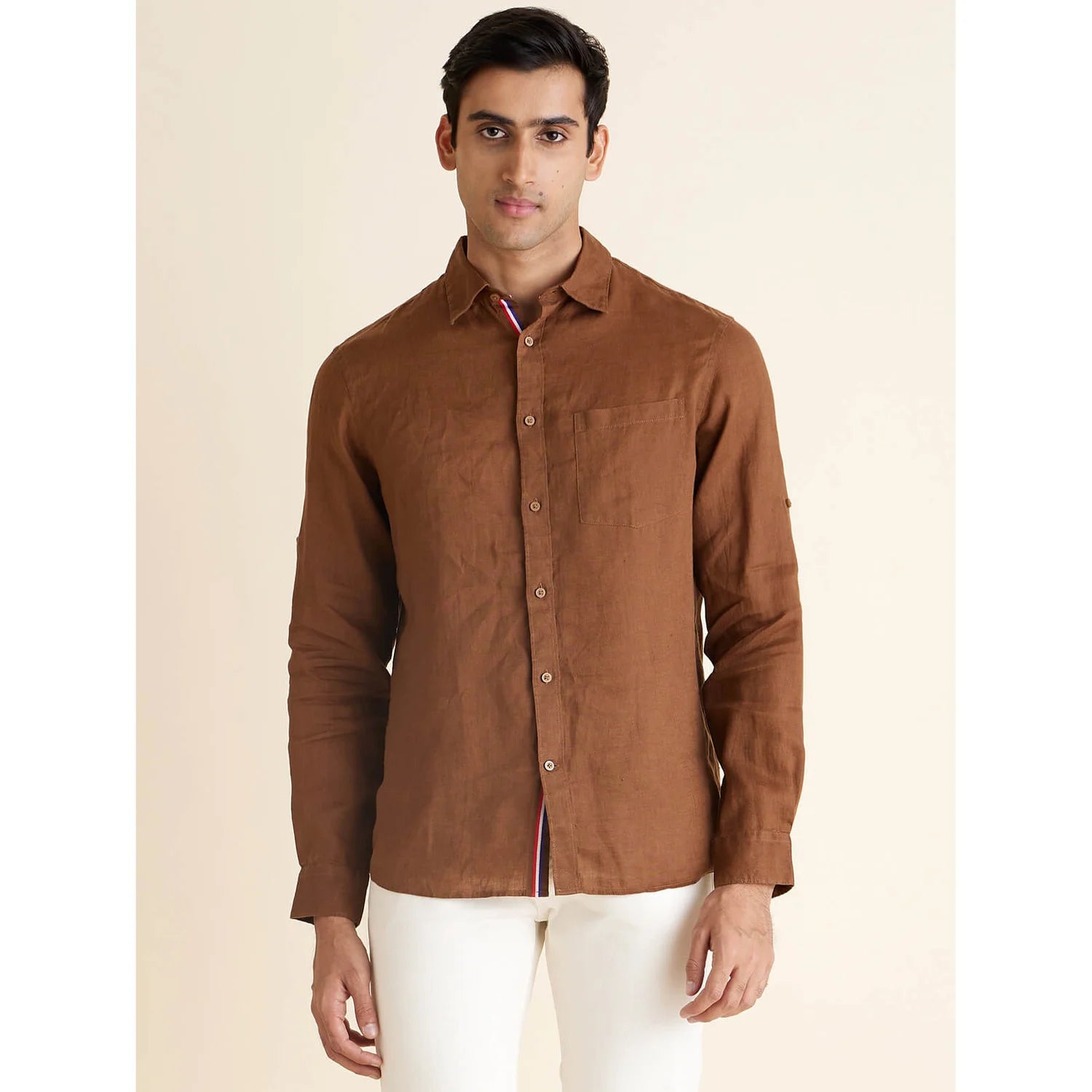 Celio* Solid Regular Fit Linen Brown Shirt
