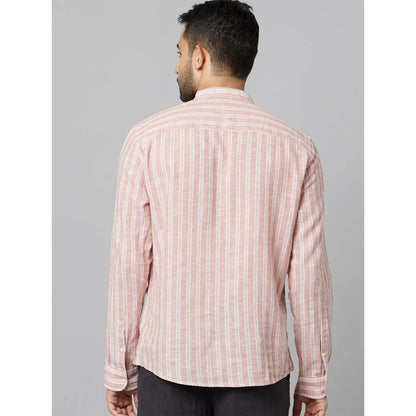 Celio* Striped Regular Fit Cotton-Linen-Blend Peach Shirt