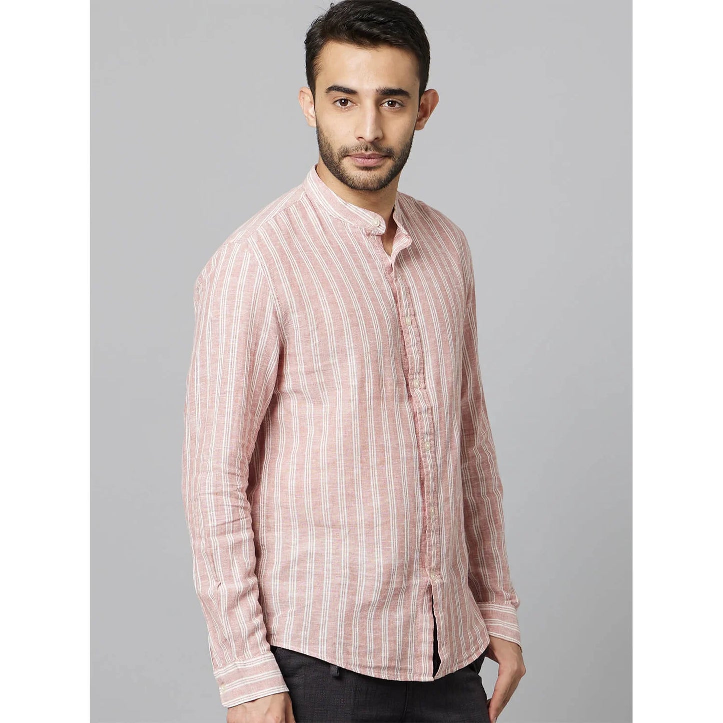 Celio* Striped Regular Fit Cotton-Linen-Blend Peach Shirt