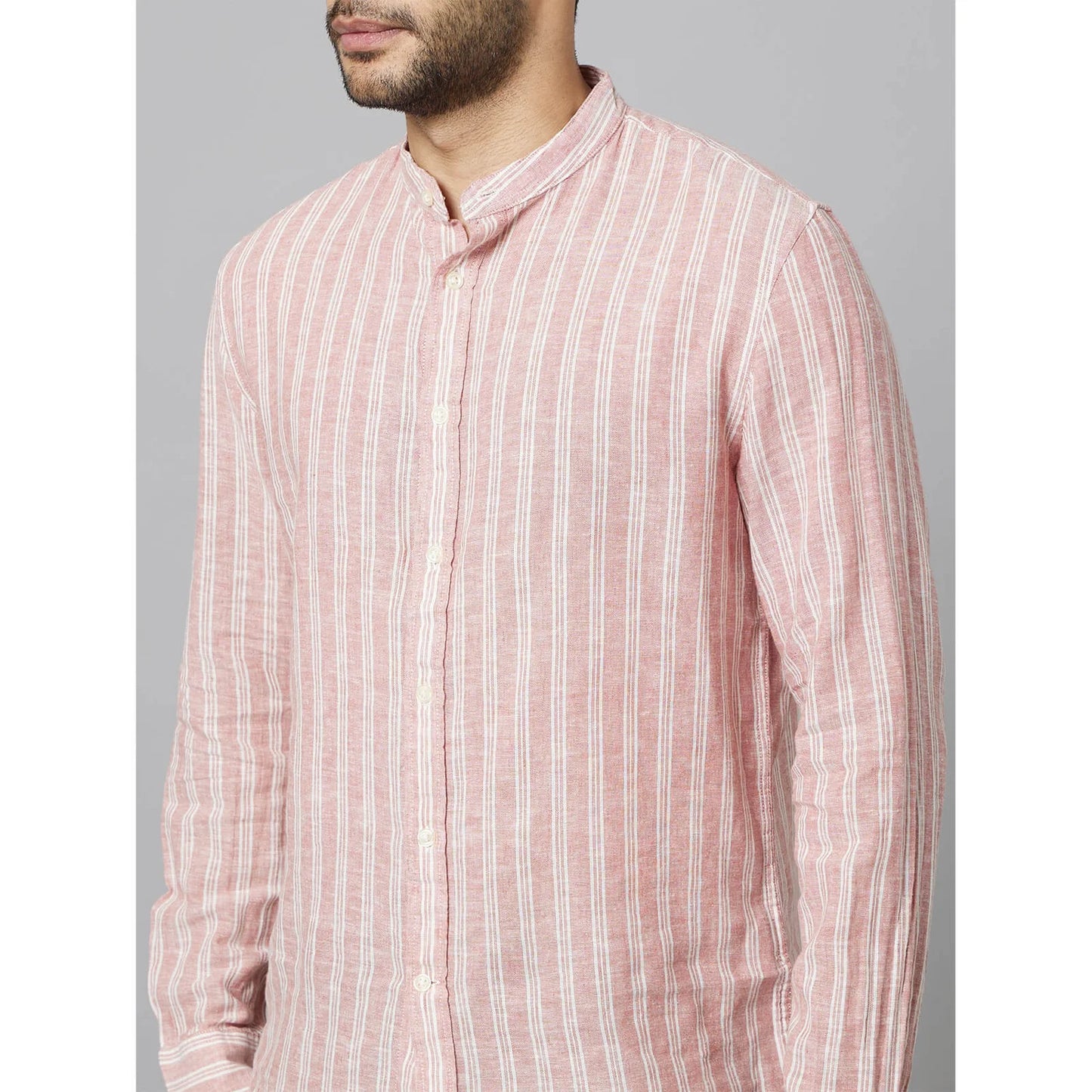 Celio* Striped Regular Fit Cotton-Linen-Blend Peach Shirt