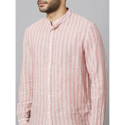Celio* Striped Regular Fit Cotton-Linen-Blend Peach Shirt