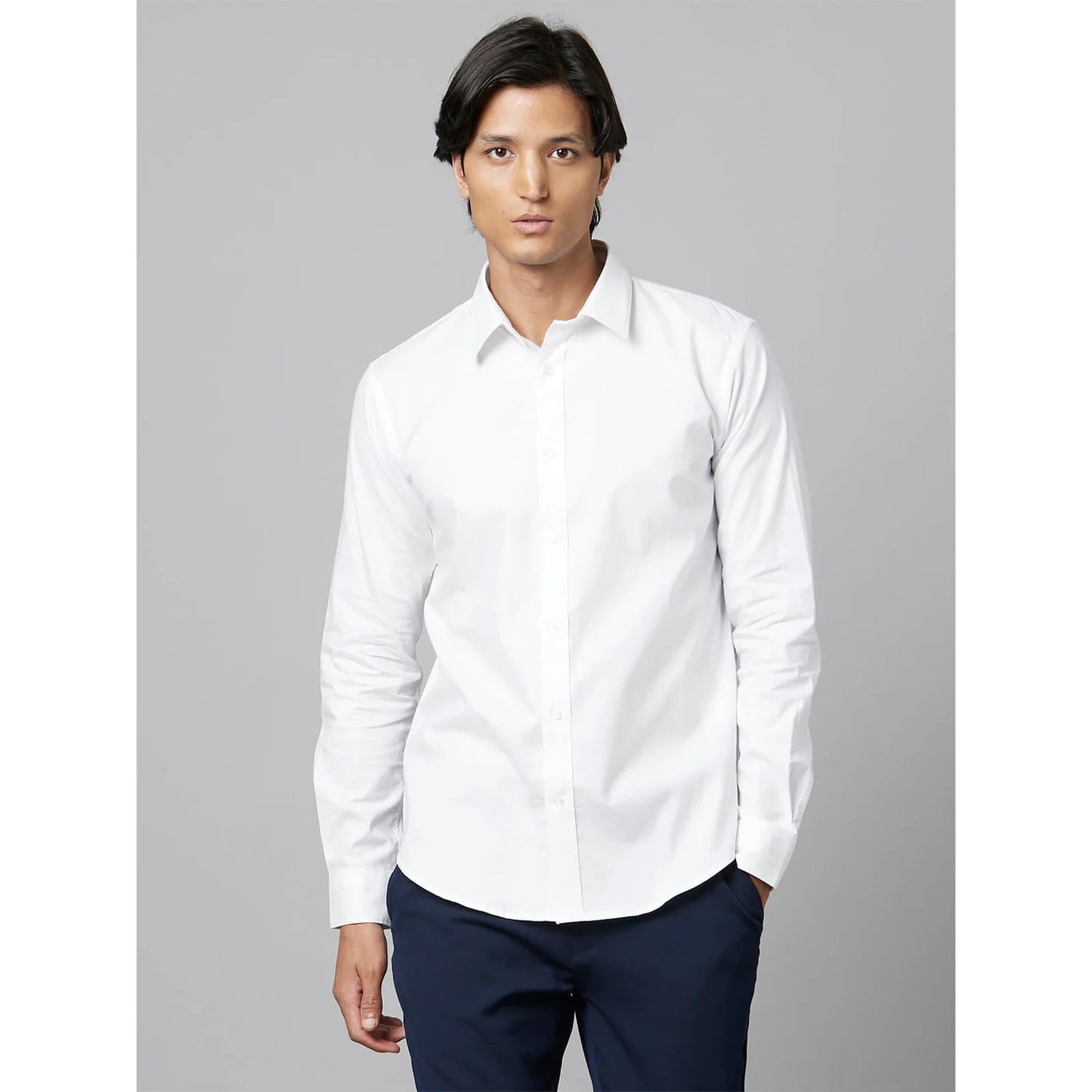 White Solid Cotton Blend Shirt