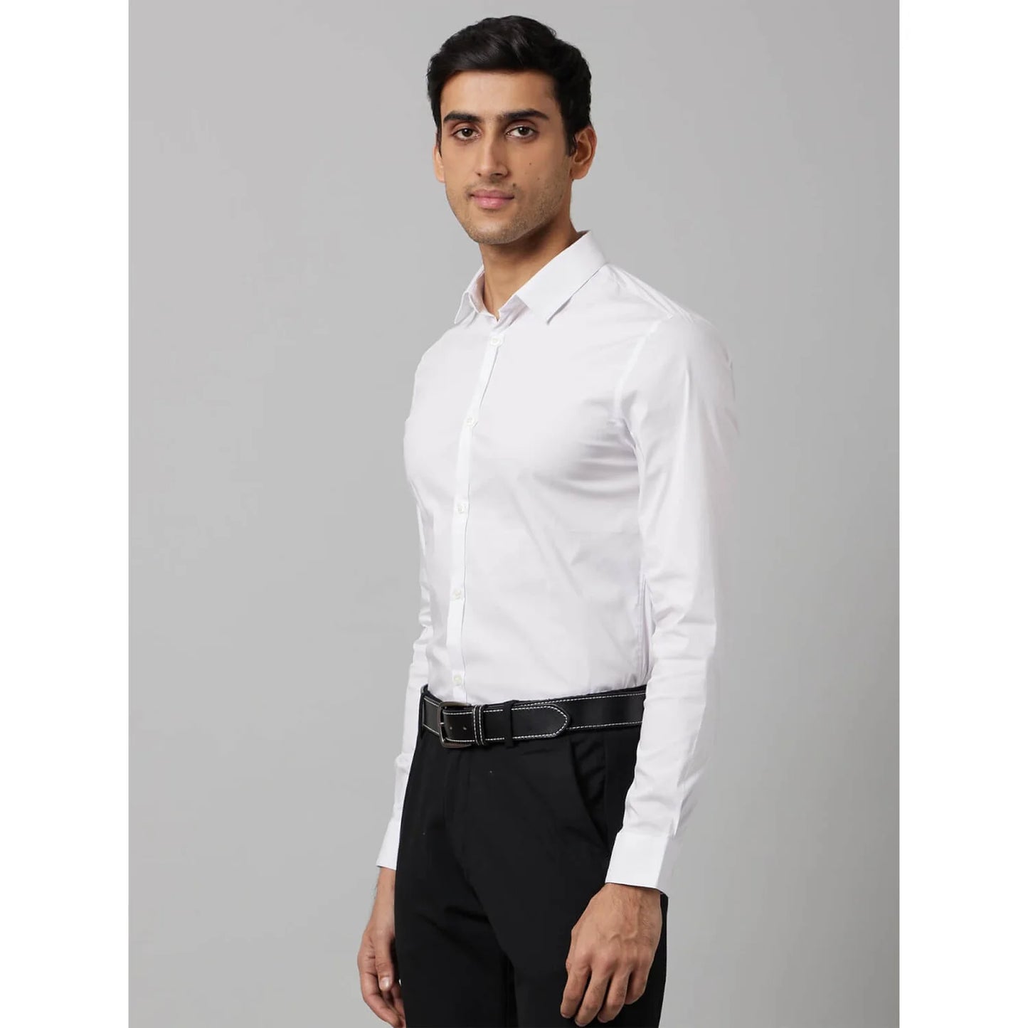 White Solid Cotton-Poly-Blend Shirt