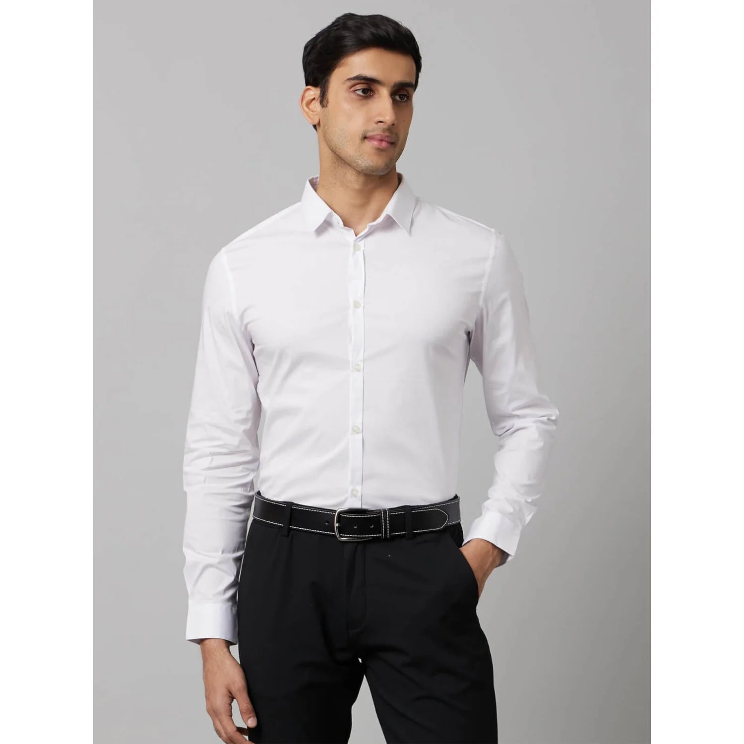 White Solid Cotton-Poly-Blend Shirt