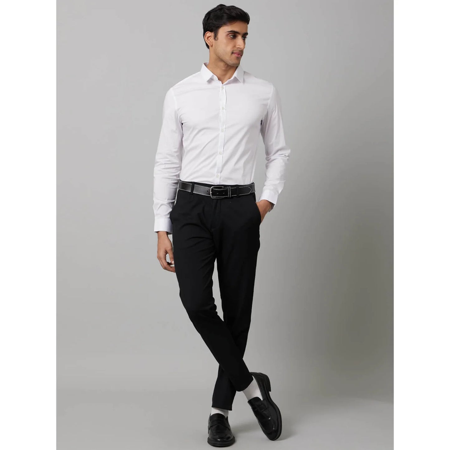 White Solid Cotton-Poly-Blend Shirt