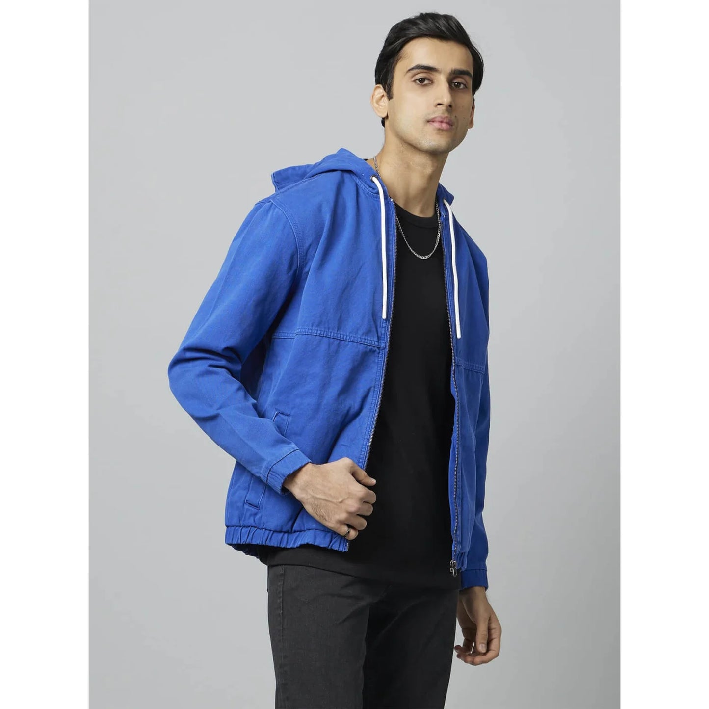 Blue Solid Cotton Jacket