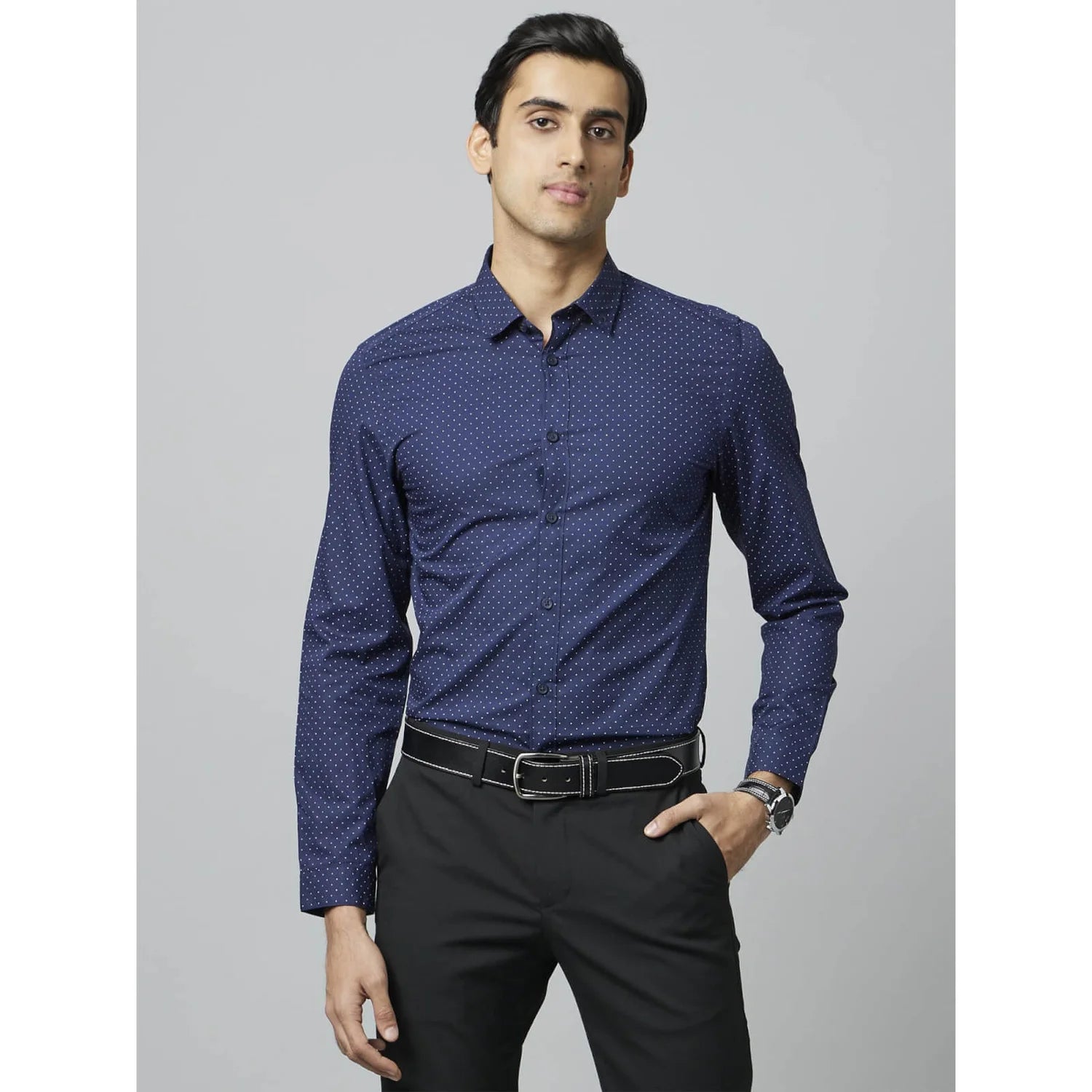 Navy Blue Pin-Dot Cotton Shirt