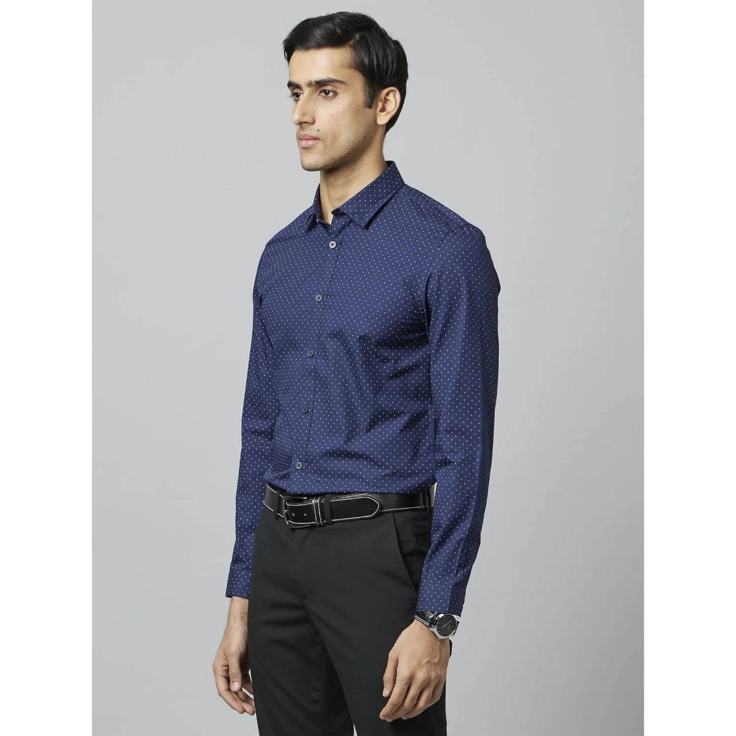 Navy Blue Pin-Dot Cotton Shirt