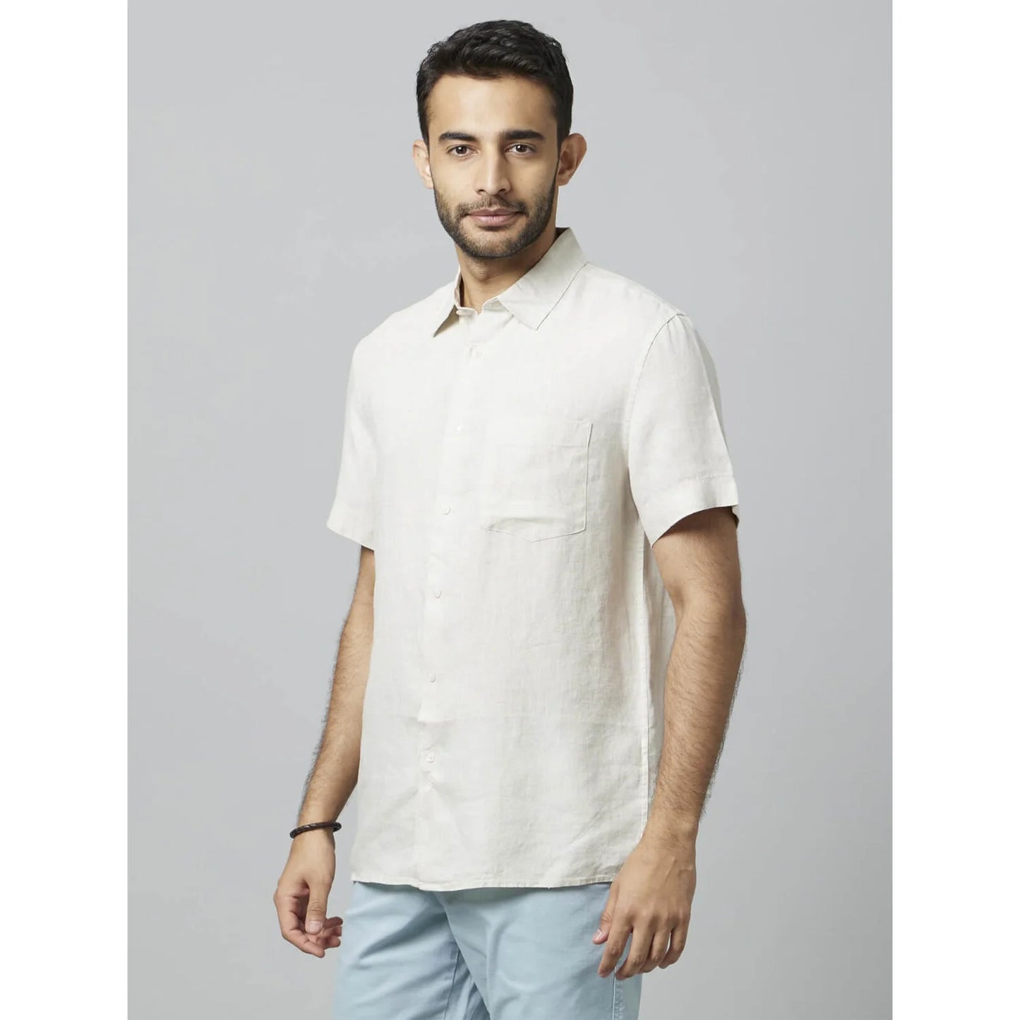 Off White Solid Linen Shirt