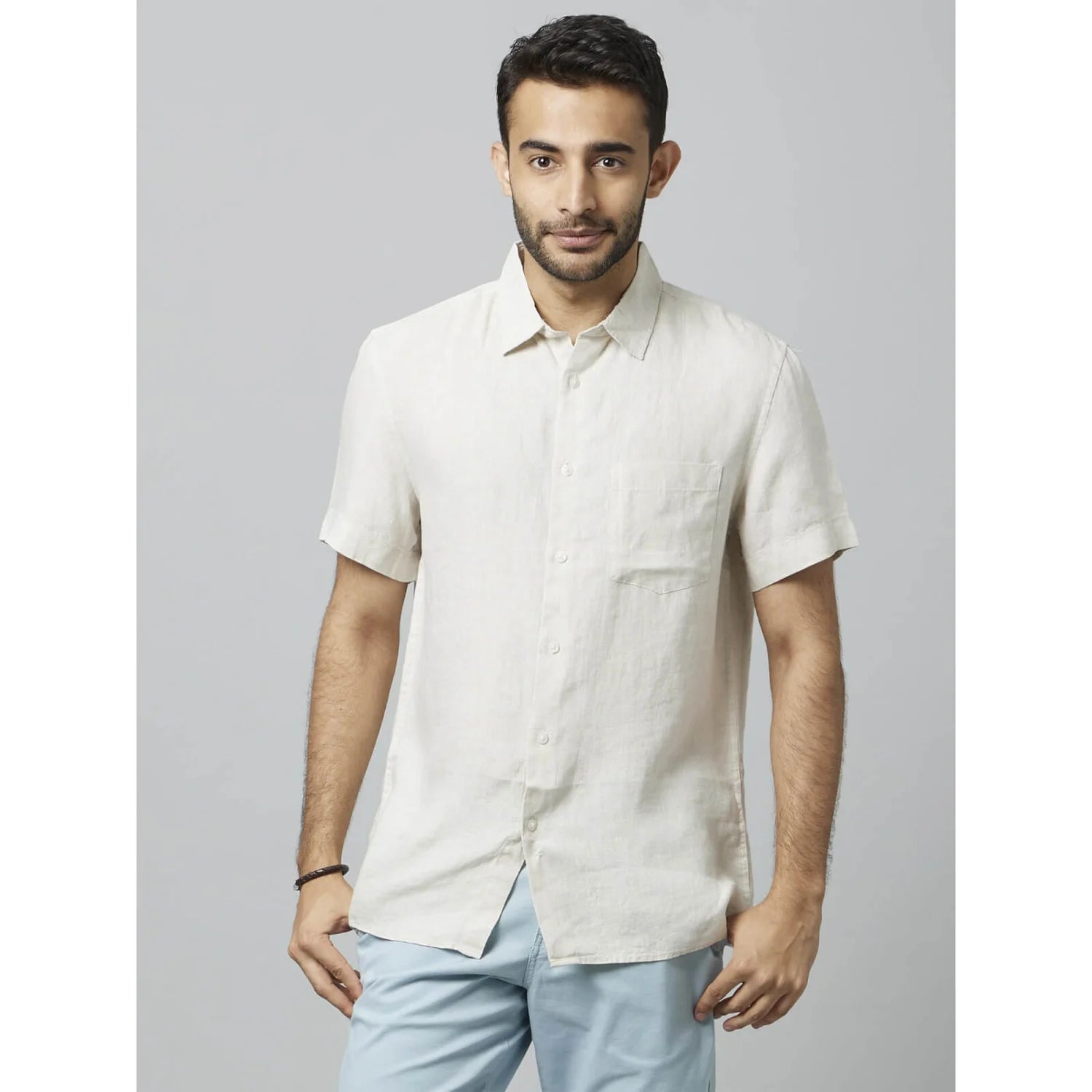 Off White Solid Linen Shirt