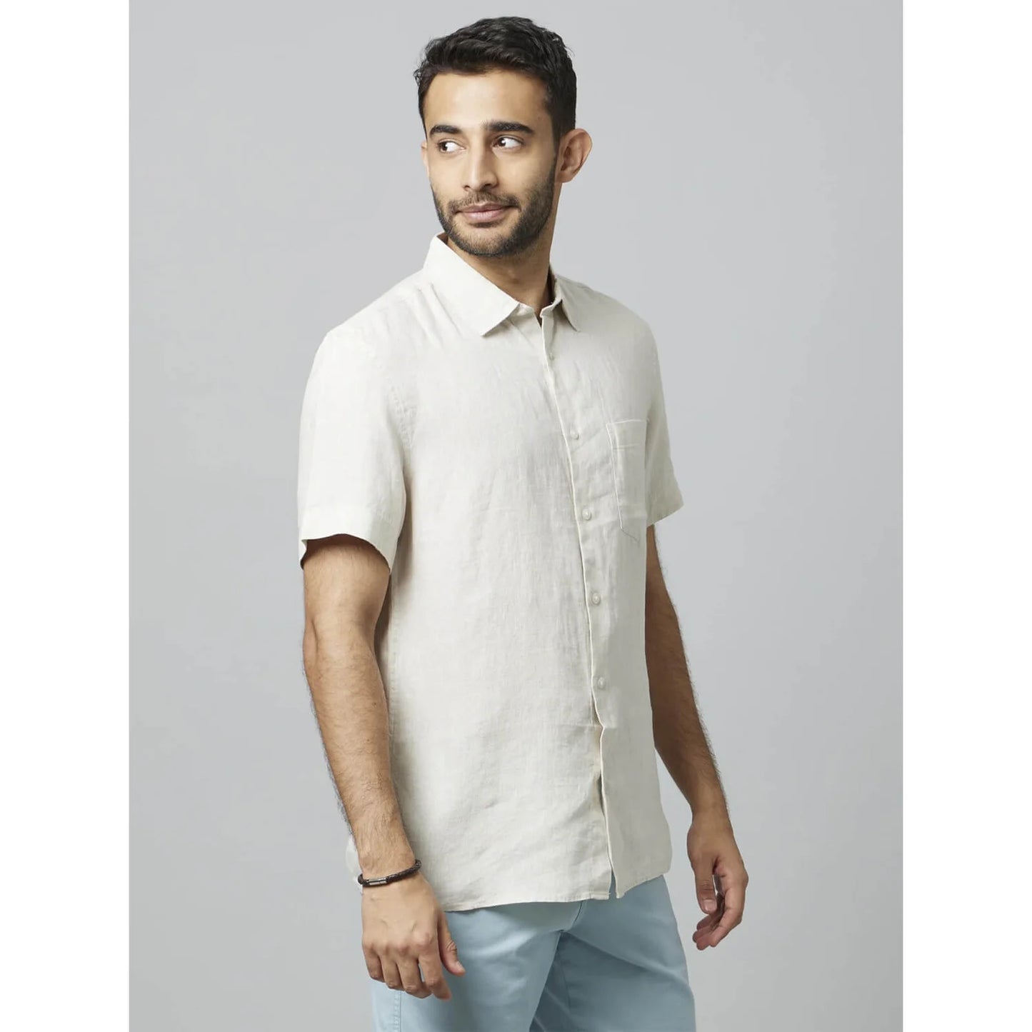 Off White Solid Linen Shirt