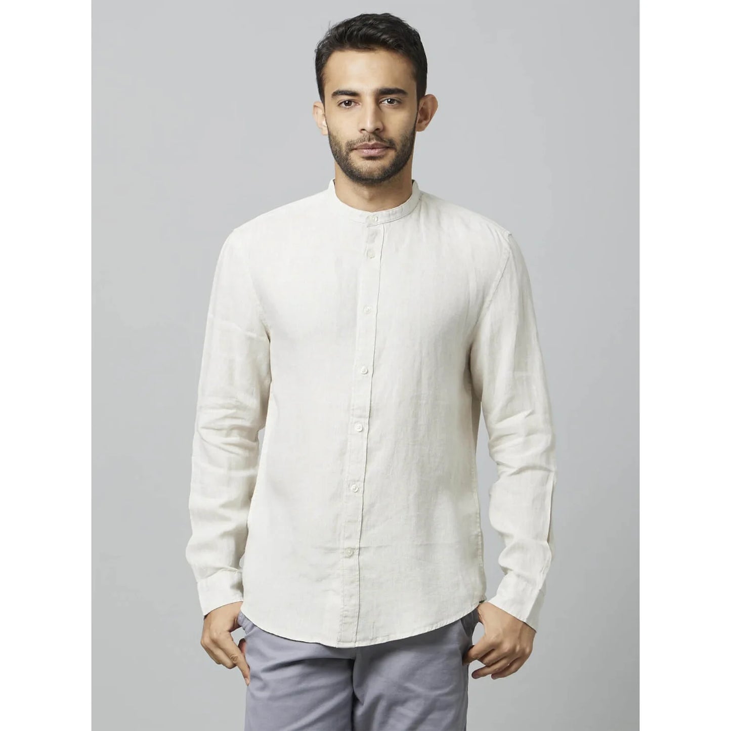 Off White Solid Linen Shirt