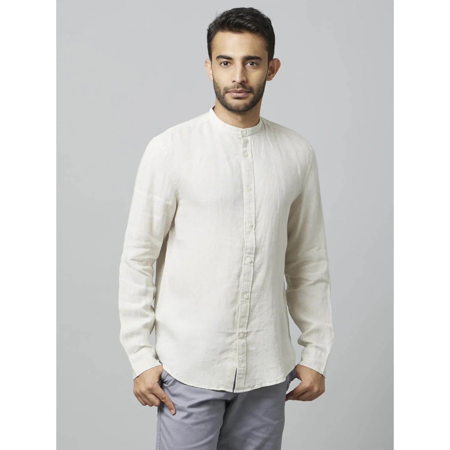 Off White Solid Linen Shirt