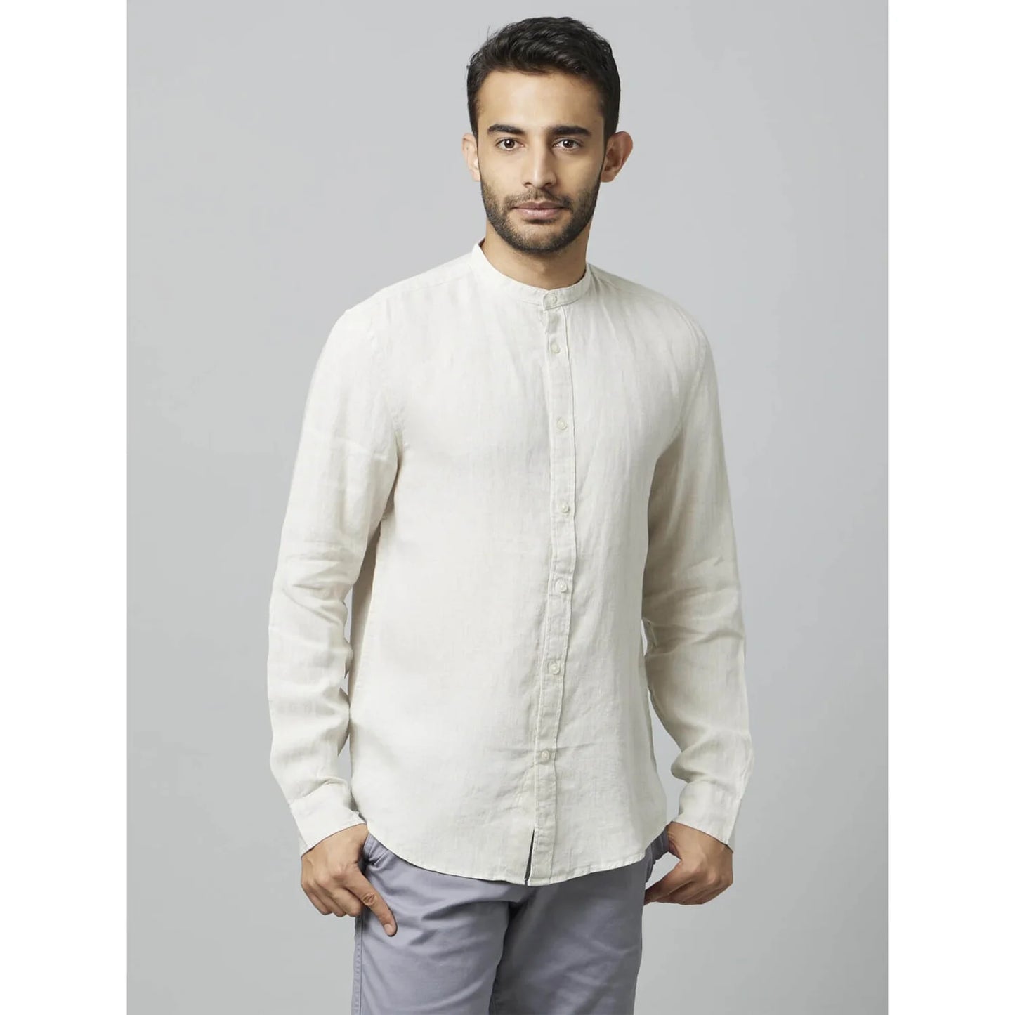 Celio* Solid Regular Fit Linen Off White Shirt