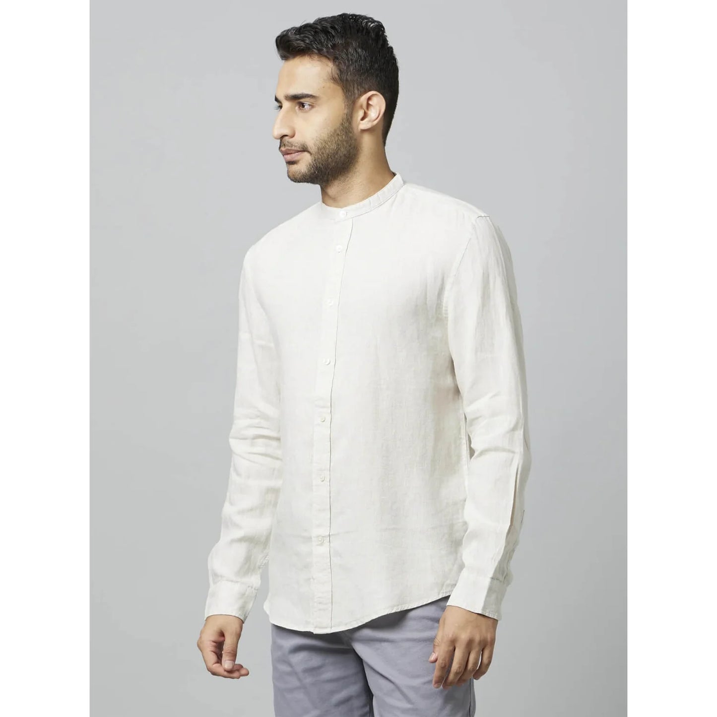 Off White Solid Linen Shirt