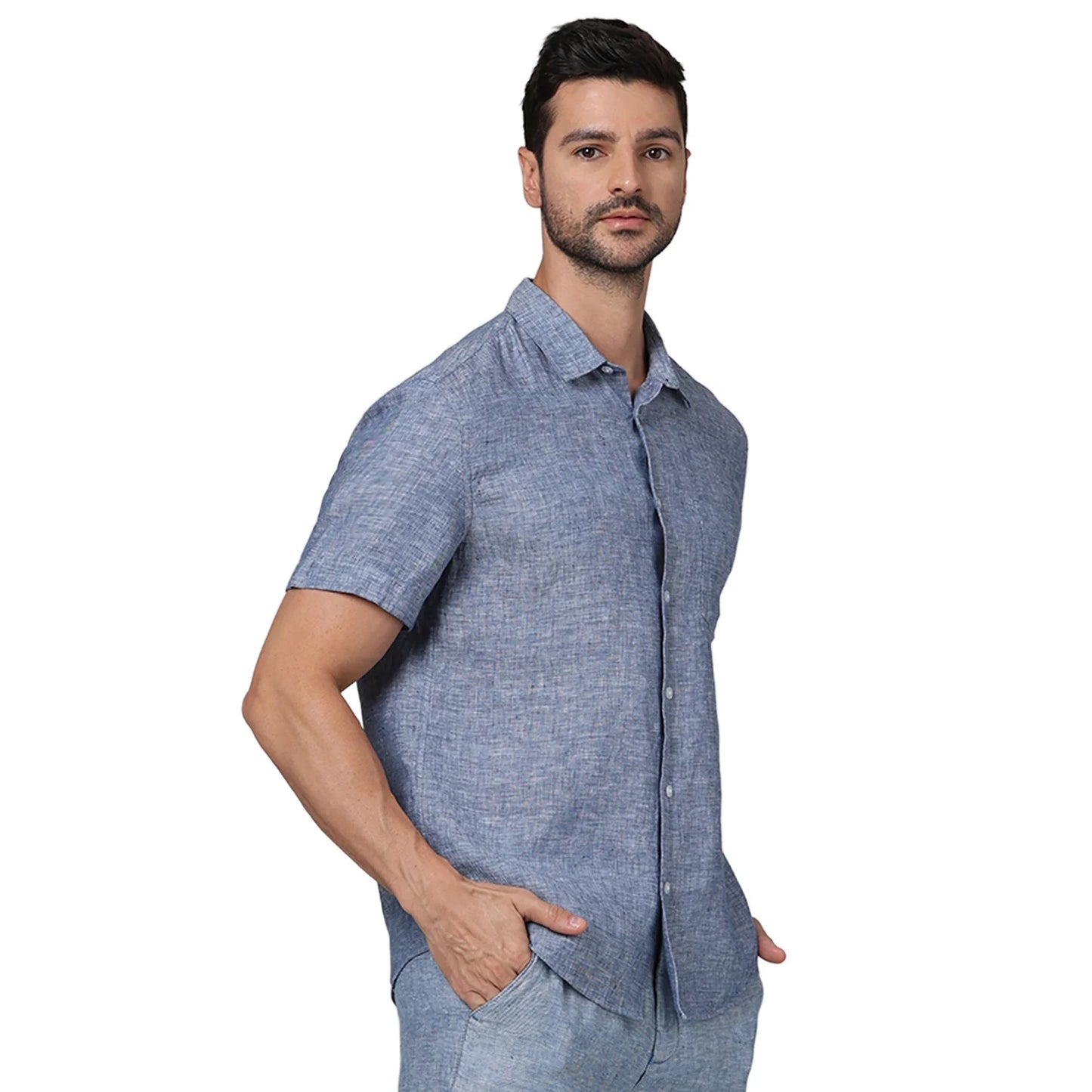 Blue Solid Linen Shirt