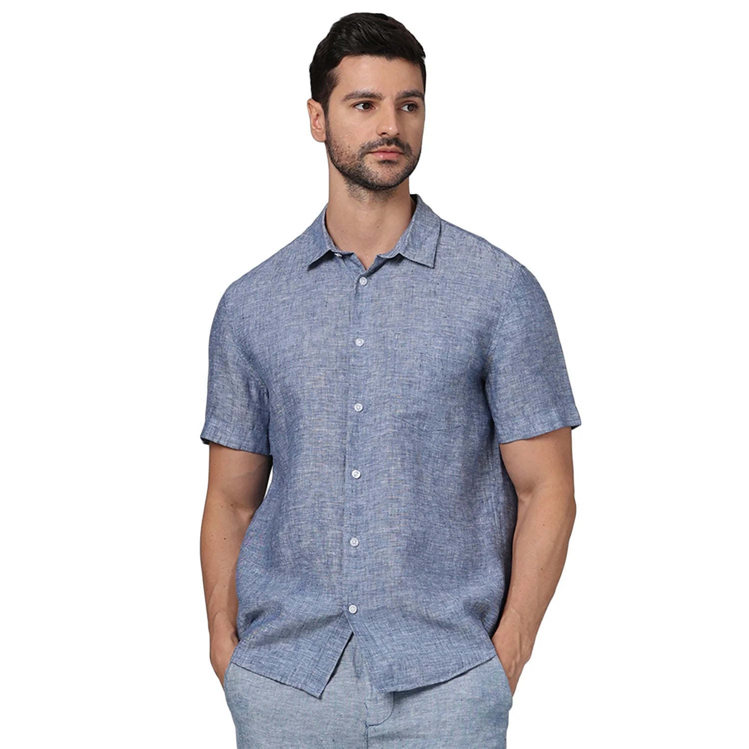 Blue Solid Linen Shirt