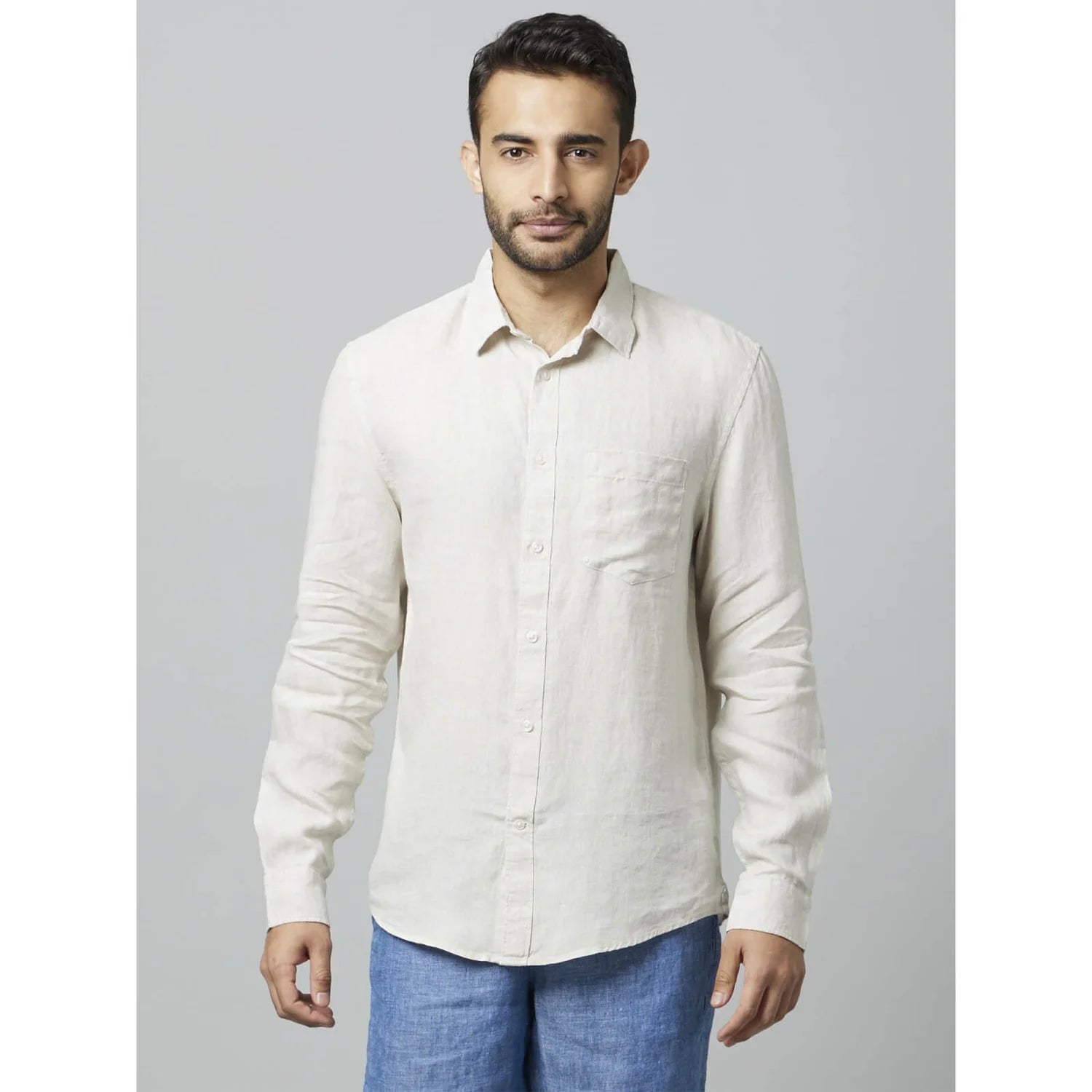 Off White Solid Linen Shirt