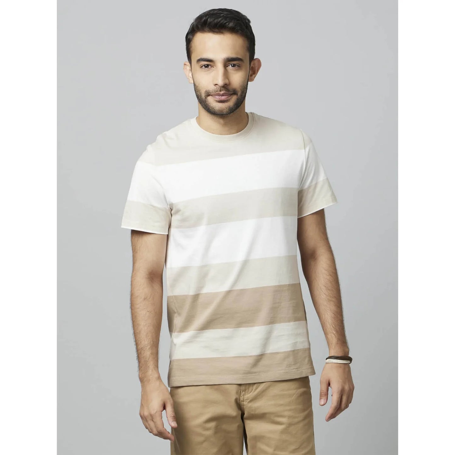 Beige Striped Cotton T-shirt