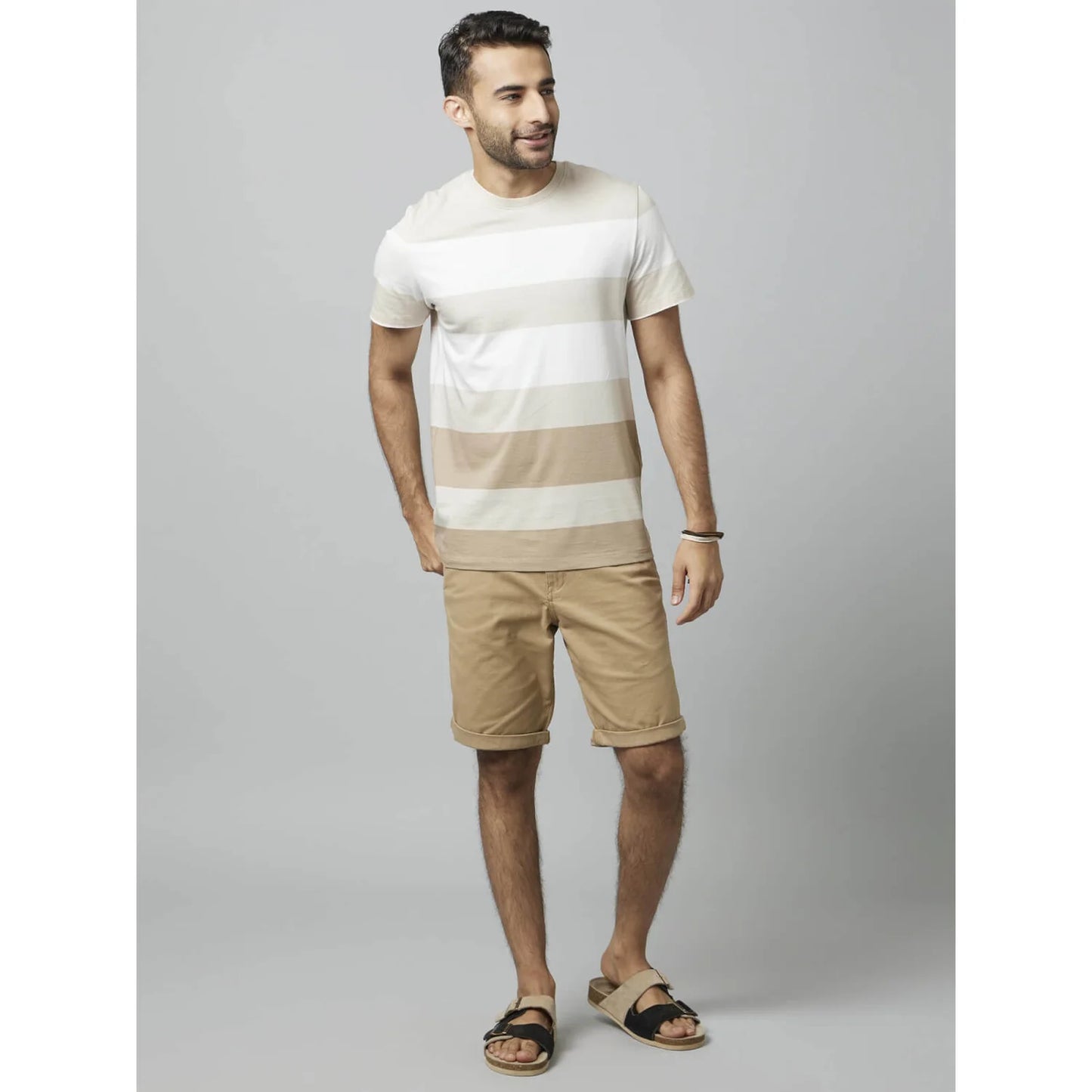 Beige Striped Cotton T-shirt