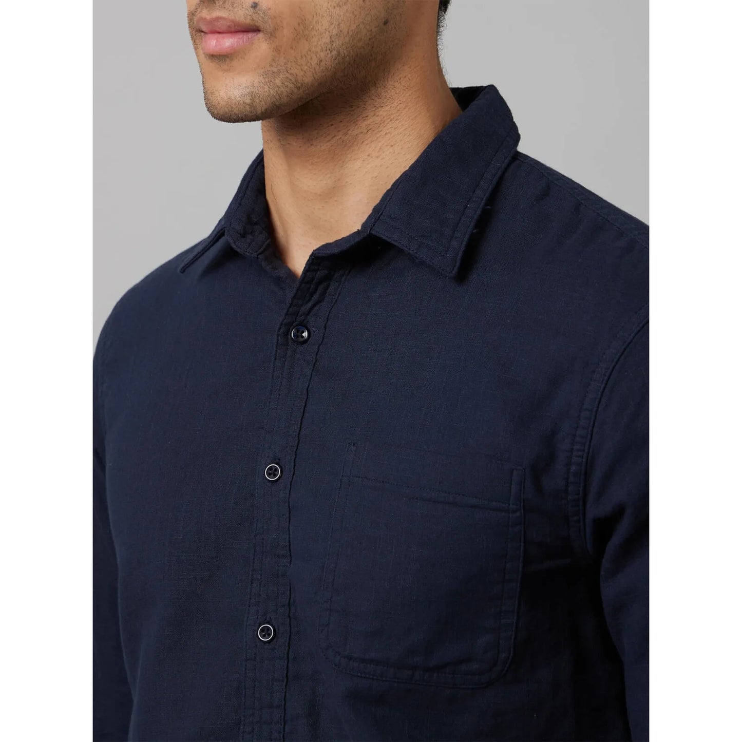 Navy Blue Solid Cotton Shirt