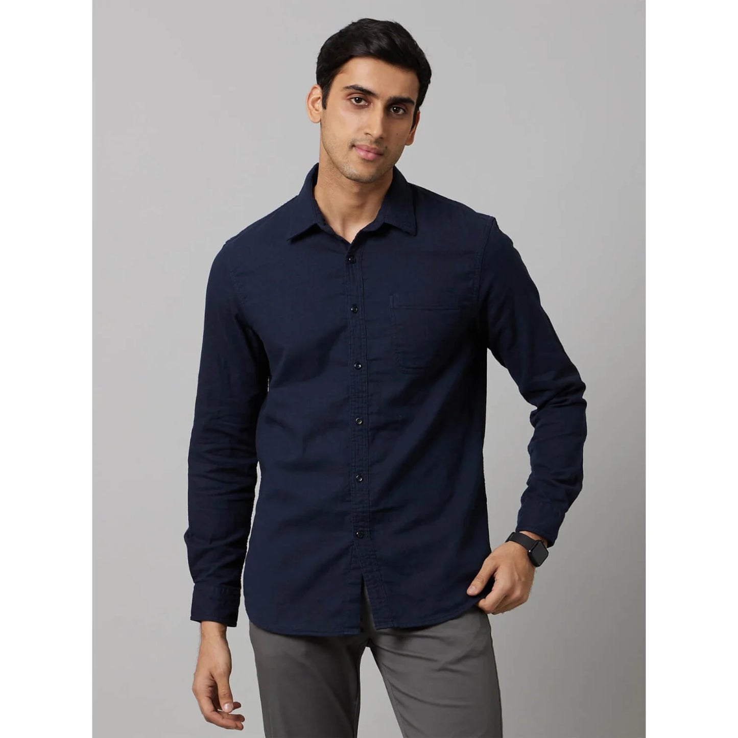 Navy Blue Solid Cotton Shirt