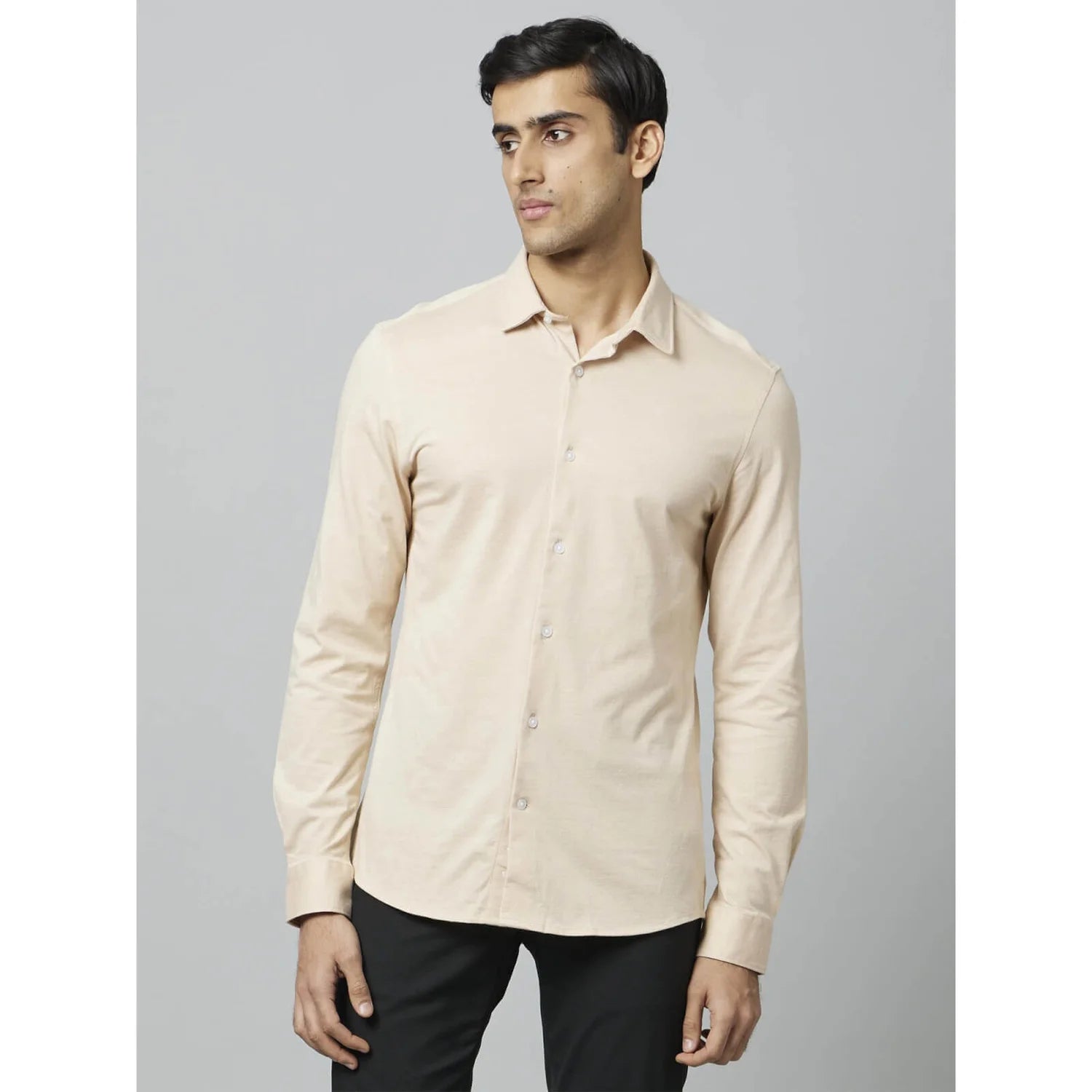 Beige Solid Cotton Shirt