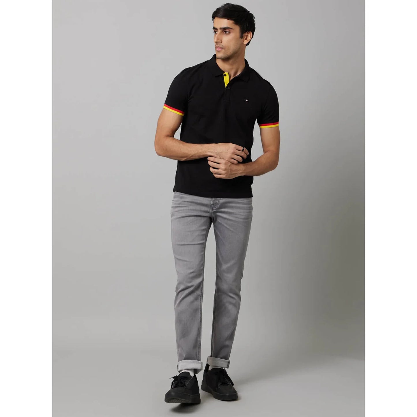 Black Solid Cotton Polo