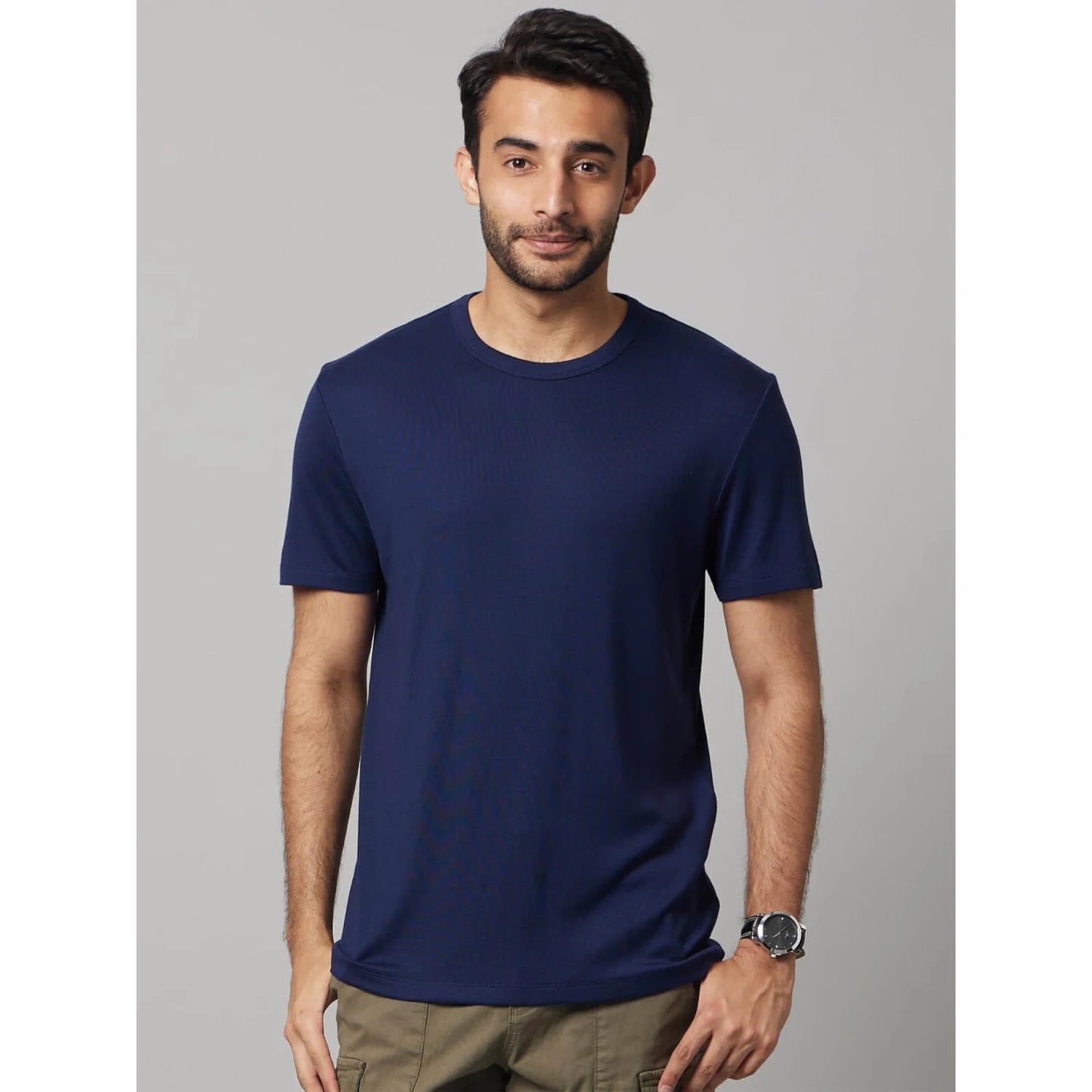 Navy Blue Solid Viscose-Blend T-shirt