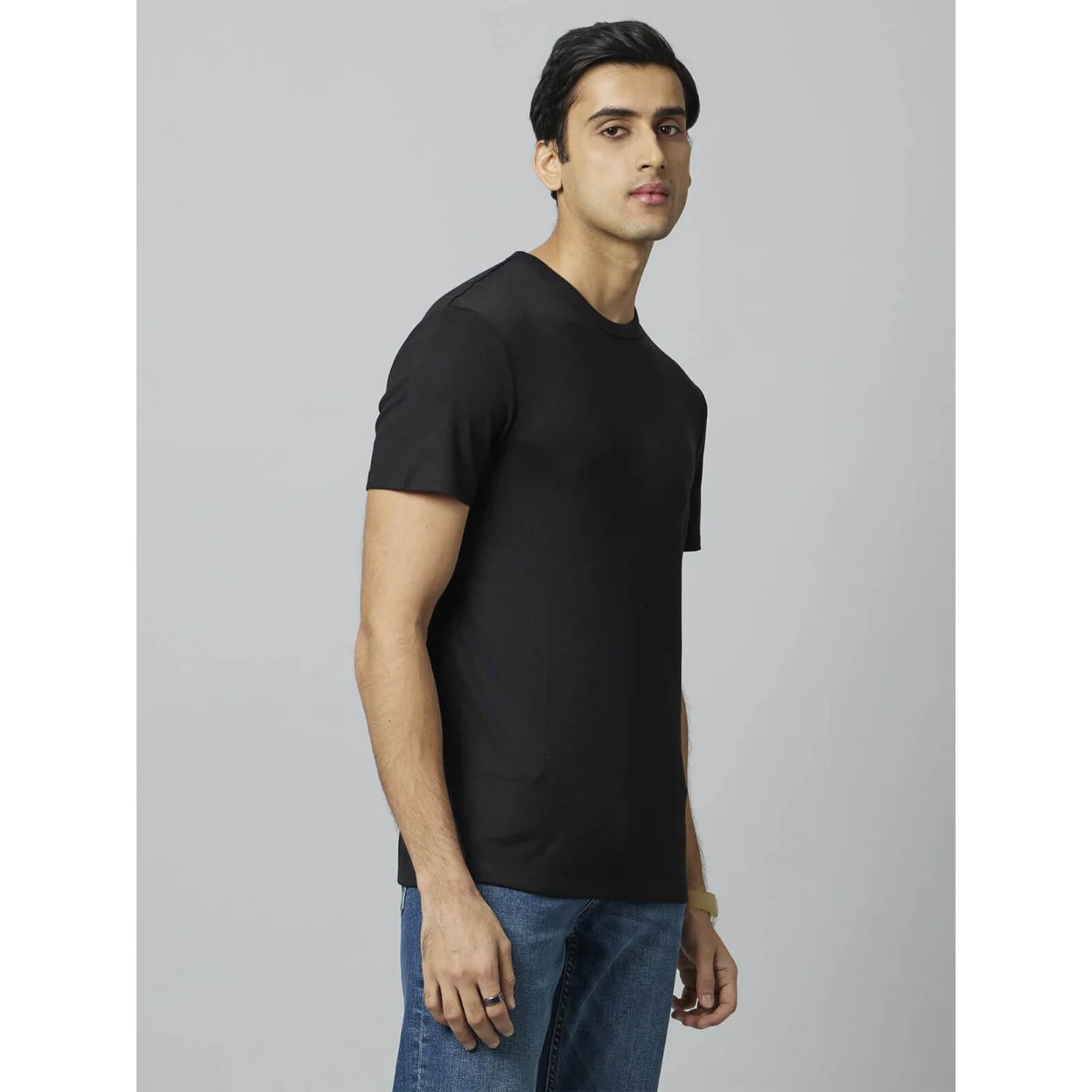 Black Solid Viscose-Blend T-shirt