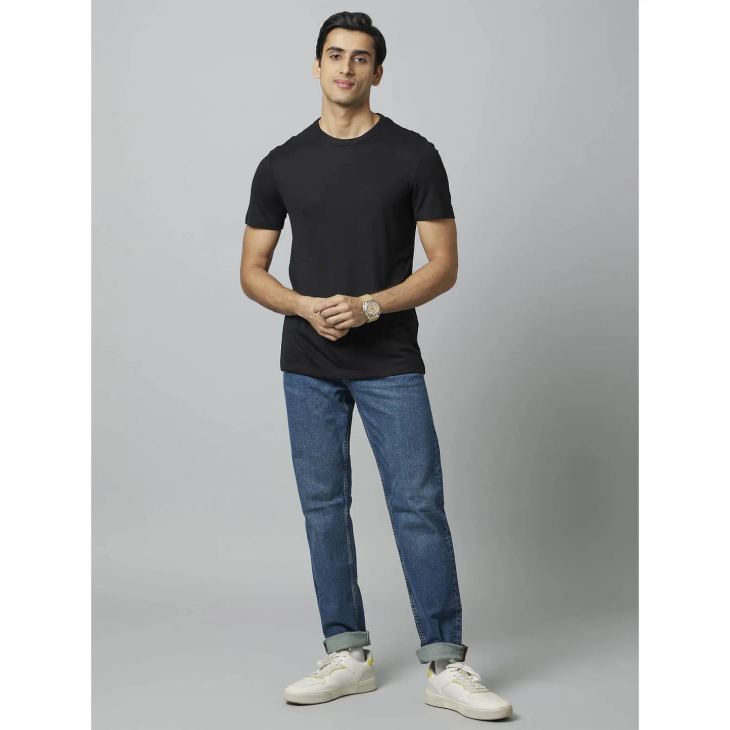 Black Solid Viscose-Blend T-shirt