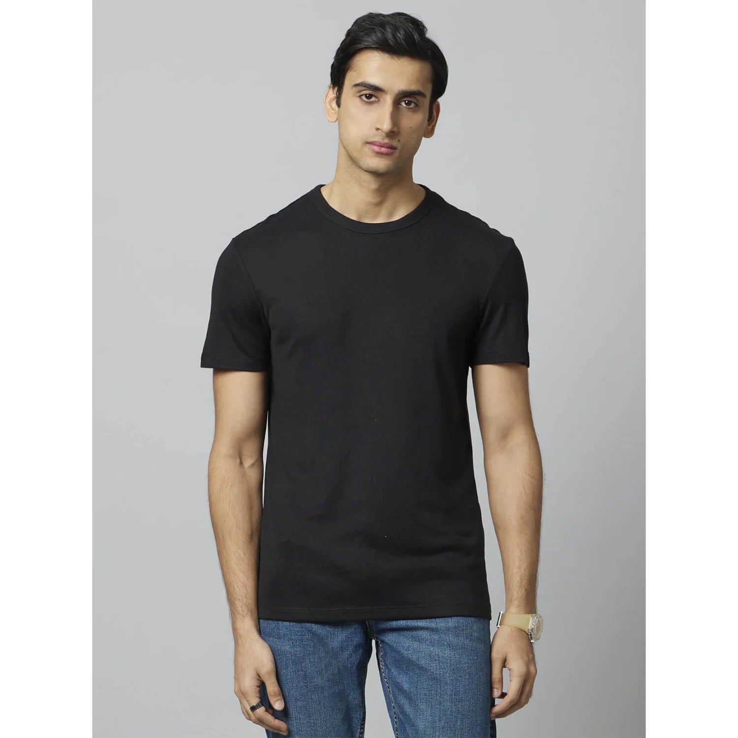 Black Solid Viscose-Blend T-shirt