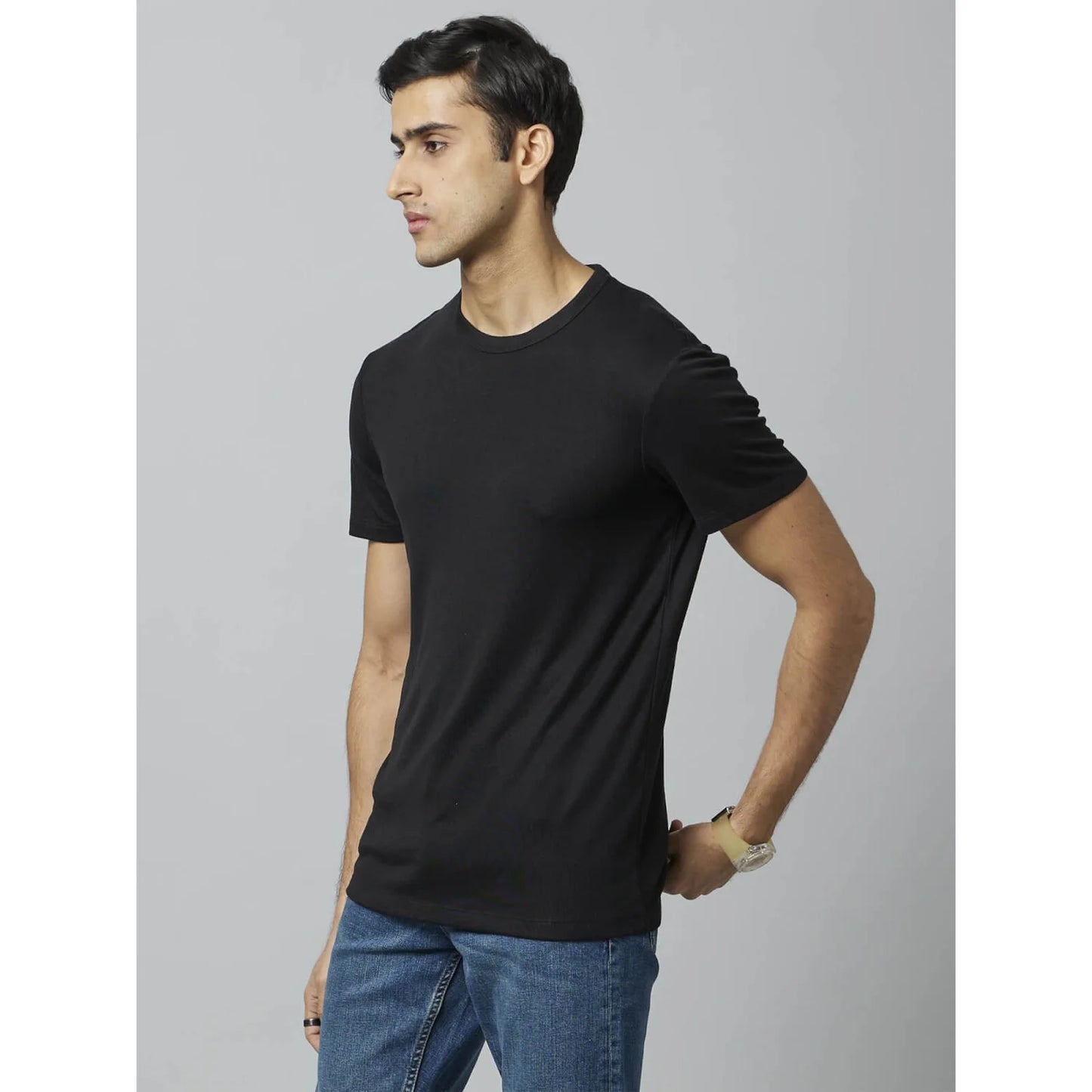 Black Solid Viscose-Blend T-shirt