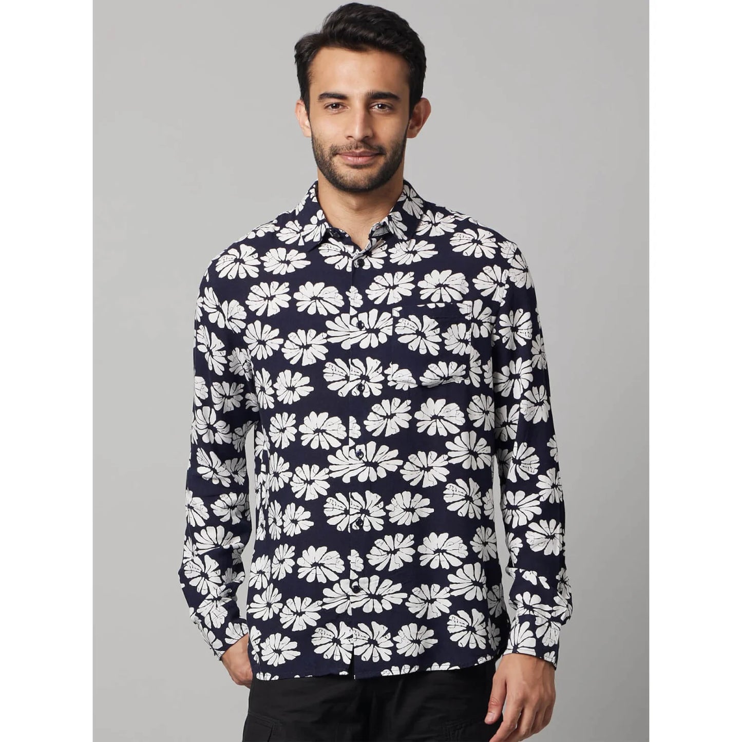 Navy Blue Floral Viscose Shirt