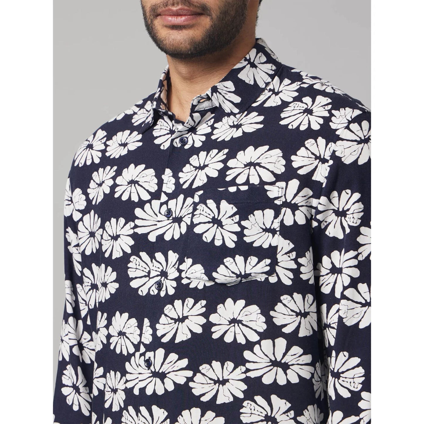 Navy Blue Floral Viscose Shirt