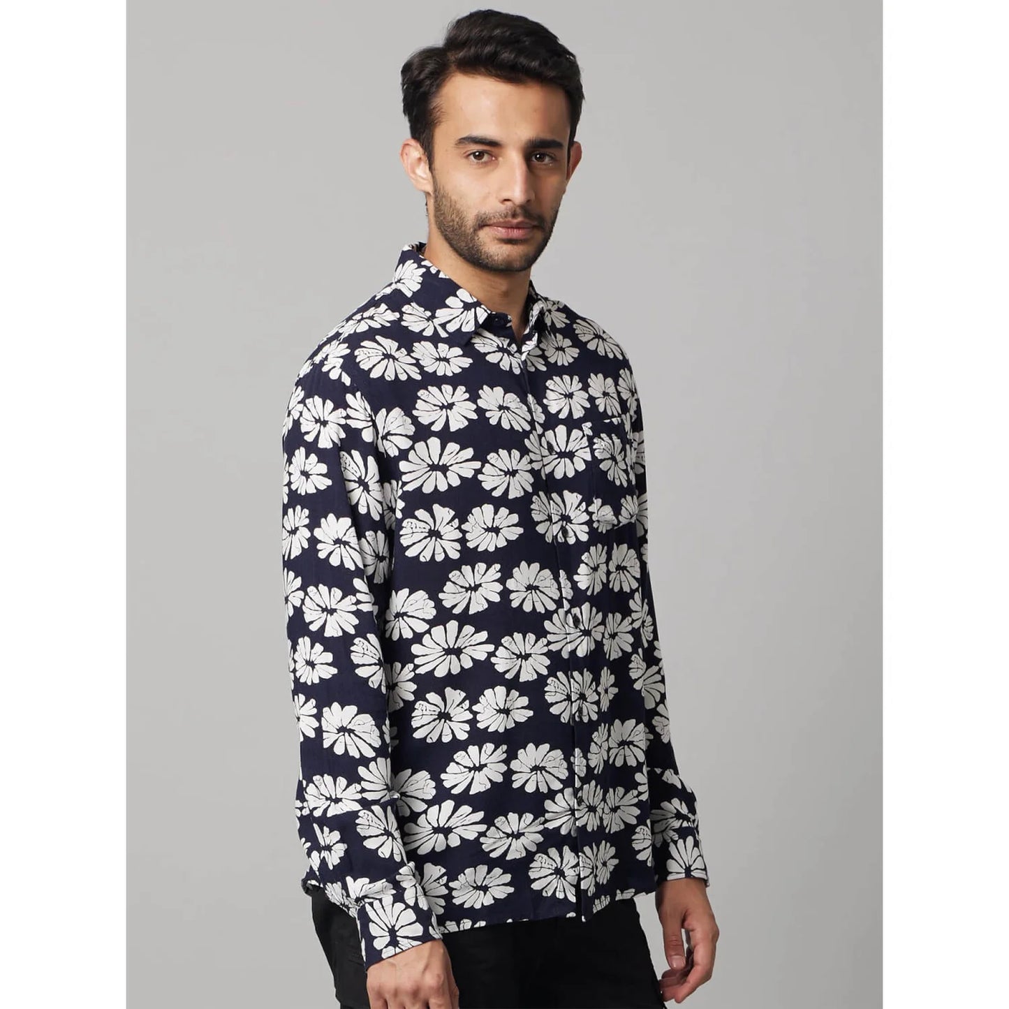 Navy Blue Floral Viscose Shirt