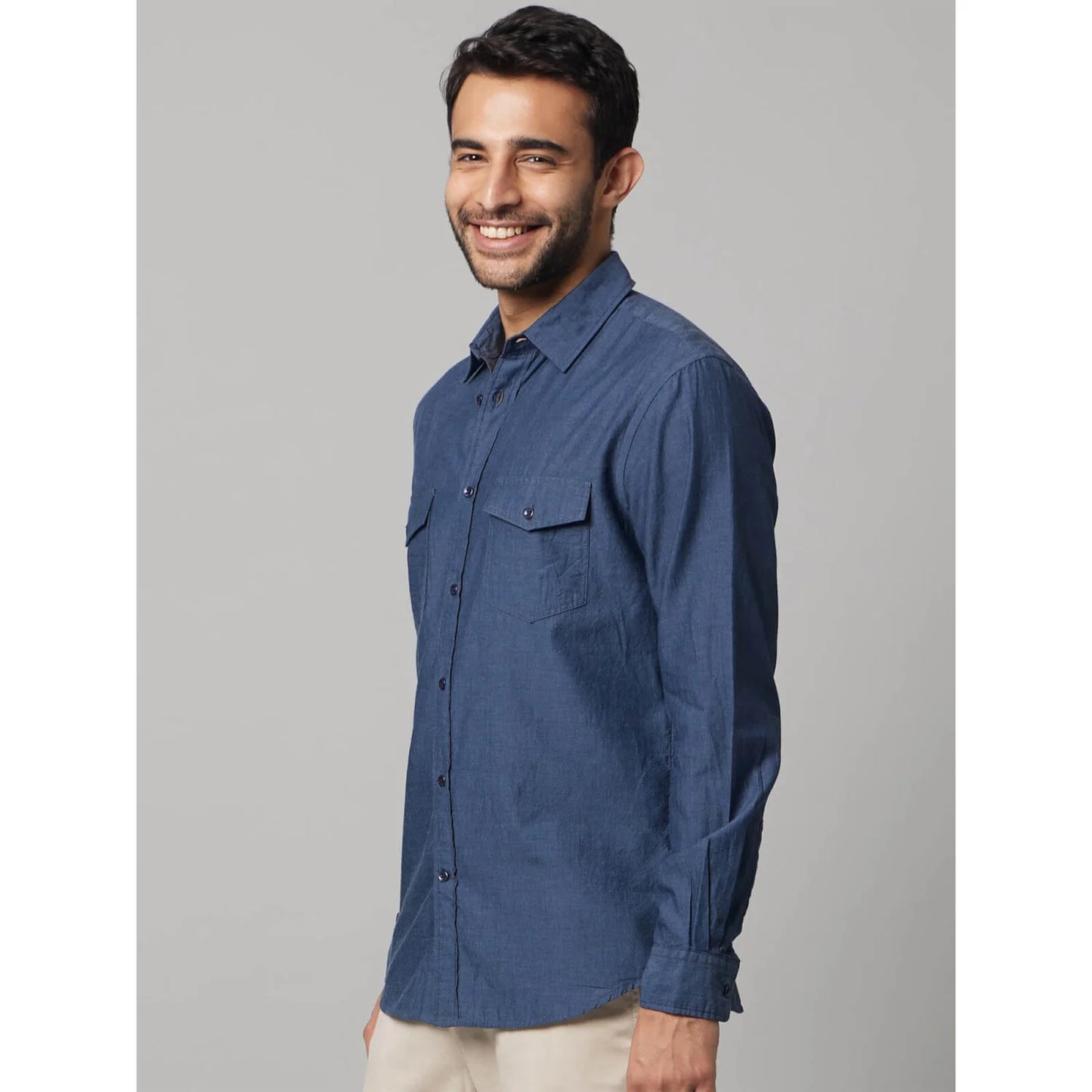 Navy Blue Solid Cotton Shirt